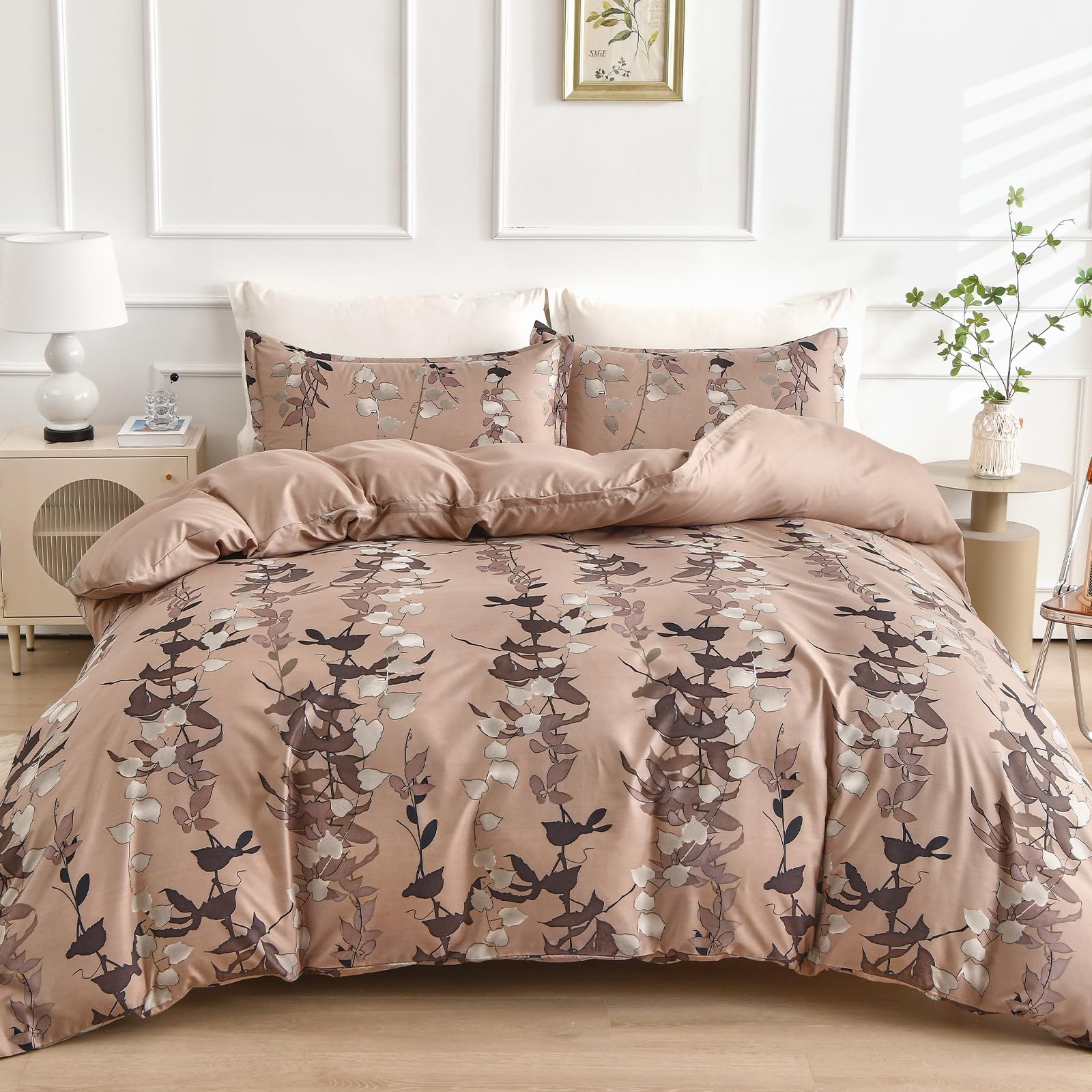 Double Duvet Set Botanical Brown Bedding Set Polyester Breathable Stylish Bedding Set with Pillowcases 3PCS, Brown Leaves, 200x200cm โ image 1