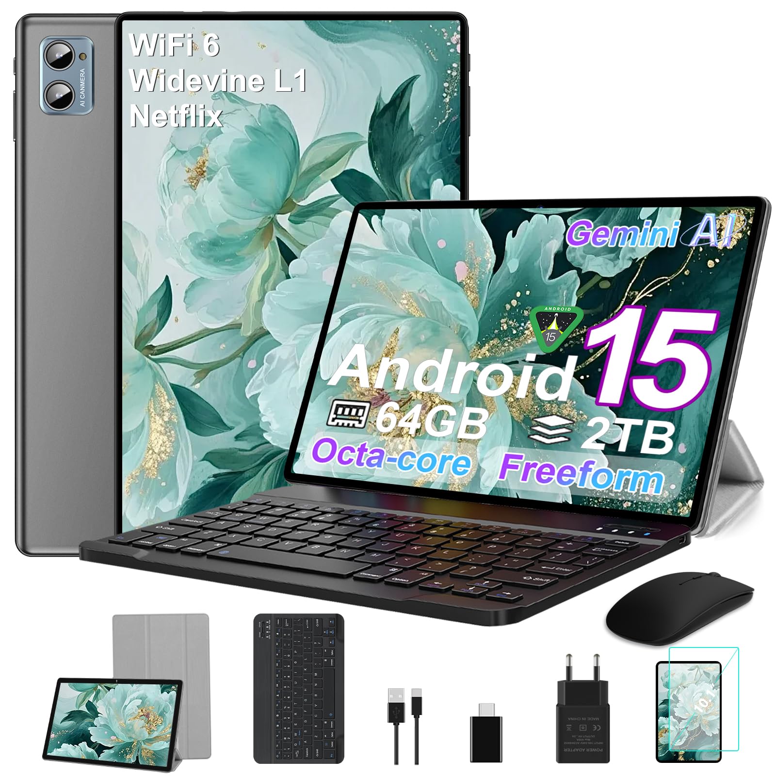 SUAAT Android 15 Tablet 10 Pulgadas, 30GB RAM+2TB TF, Widevine L1,Gemini AI, 6000mAh Batería, Tablet WiFi 6/8MP+5MP/Octa Core/GMS Certified/BT5.0,Incluye ratón + Teclado + Funda Protectora(Gris)