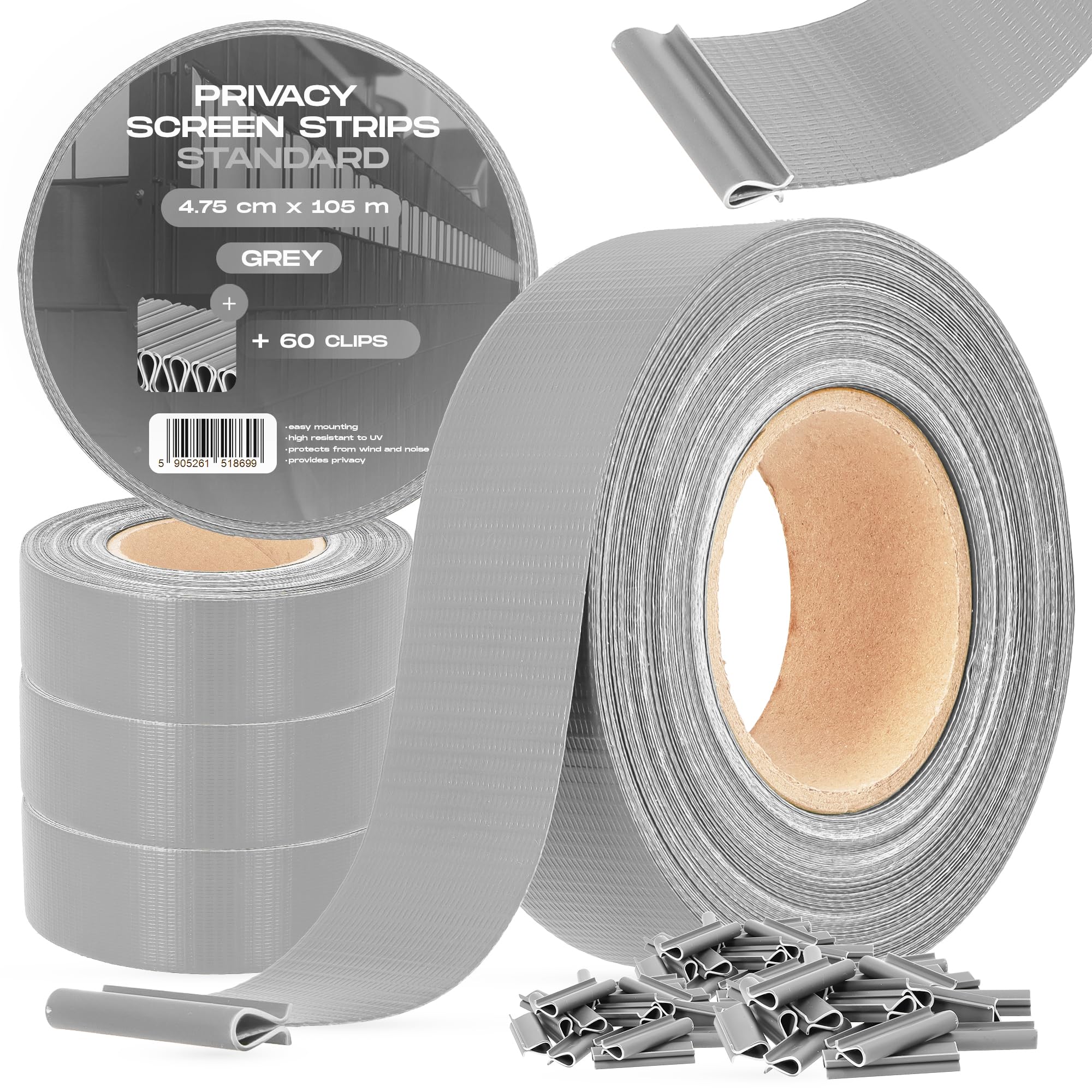 Valla Tiras Protectora Privacidad Pantalla Proteción 4,75 cm x 105 m Opaca Anti-UV Resistente Viento Sol Balcones Jardines Tiras de Sujeción 60 Clips Fijación