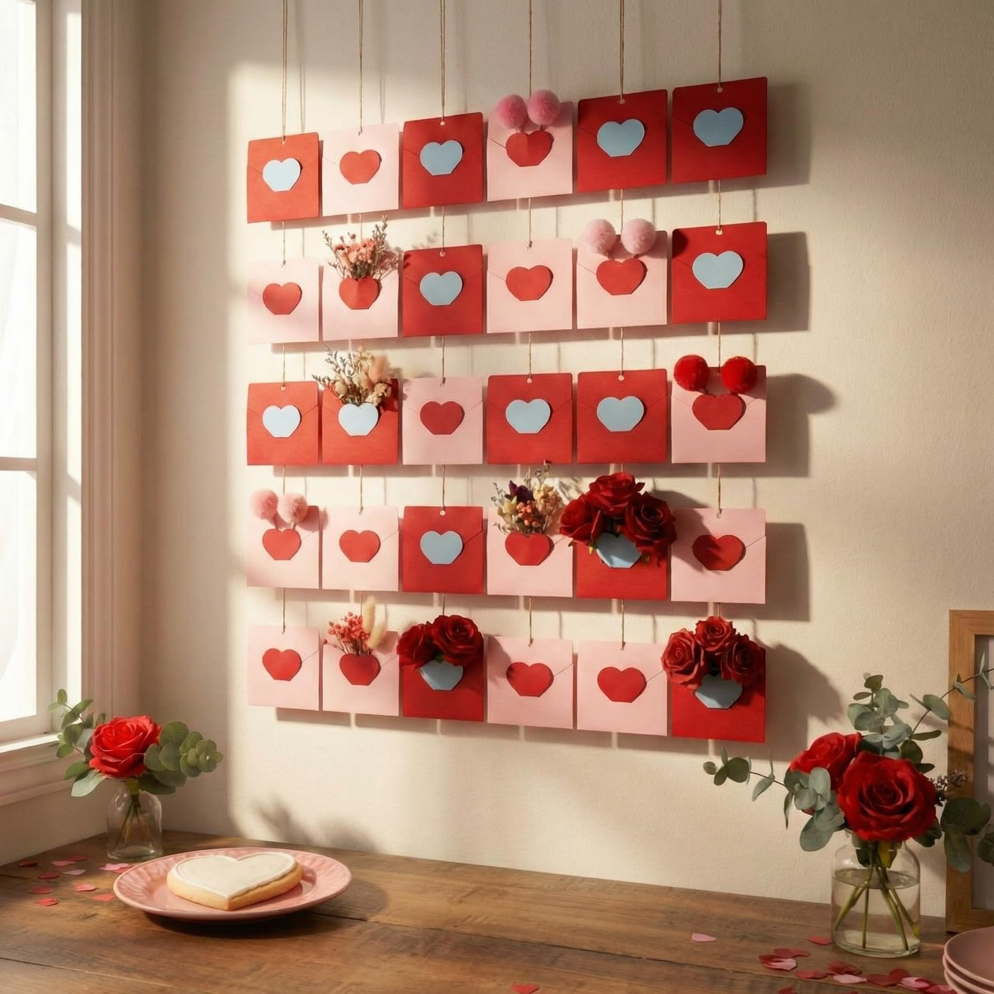 30 Pack Valentine's Day Wall Decor Envelope Box Love Heart Wall Hanging Decor with 30 Heart Cards 30 Pink Red Envelope Hemp Rope Letter Background Garland for Valentine Engagement Wedding