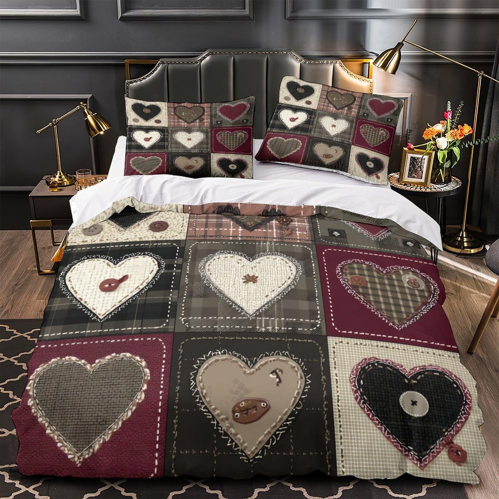Housse de couette patchwork cœur microfibre 140x200cm rustique