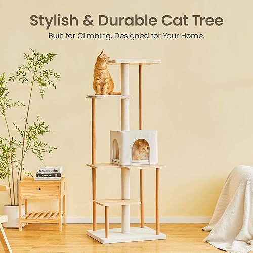 Miniatura 2 de MWPO Árbol moderno para gatos, torre de madera de lujo de 63 pulgadas para gatos de interior, perchas grandes con cojines suaves, condominio para