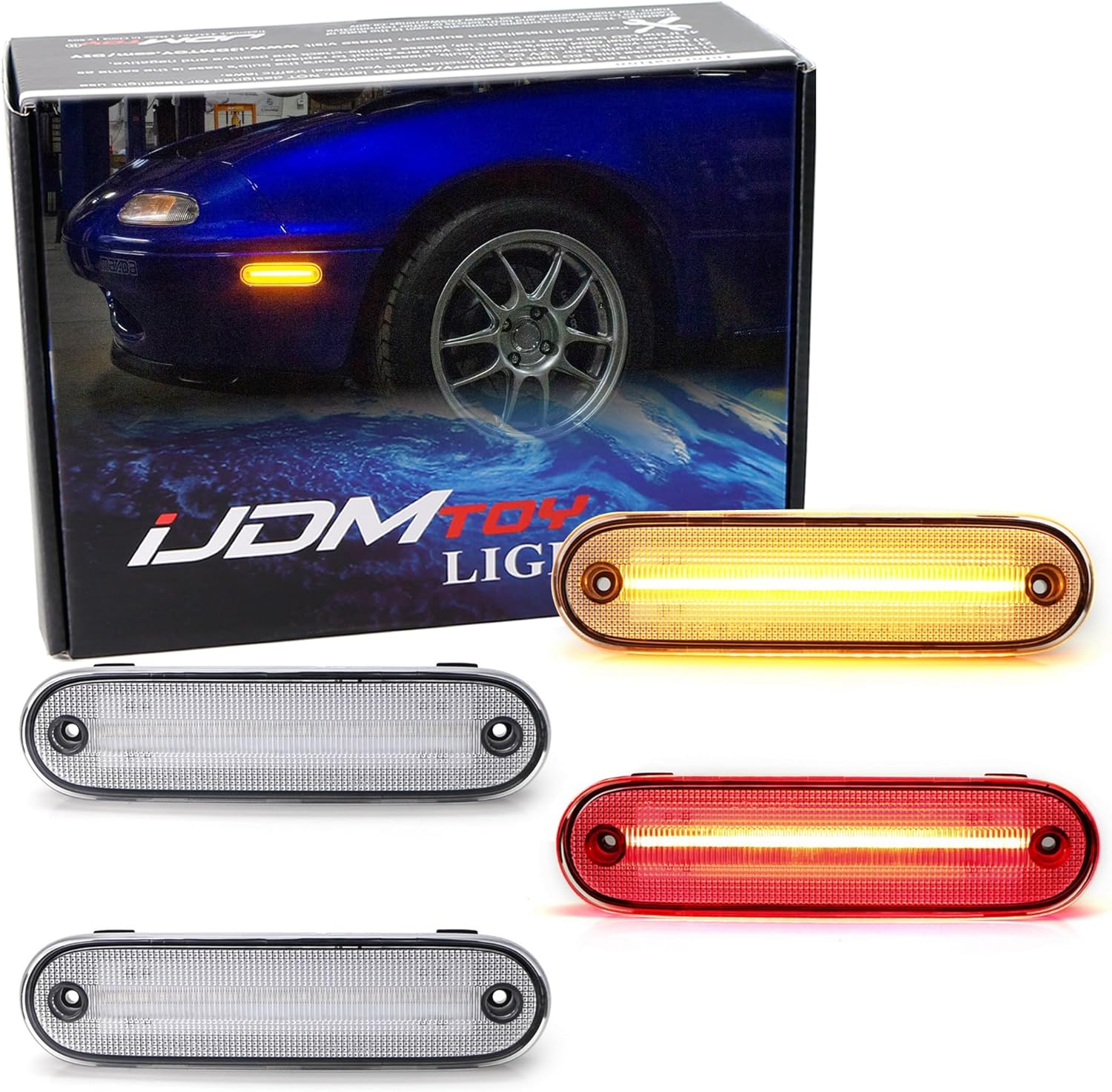 iJDMTOY Clear/White Lens Amber/Red Full LED Side Marker Light Kit Compatible With 1990-2005 Mazda Miata MX-5, Powered by Total 84-SMD LED, Replace OEM Sidemarker Lamps