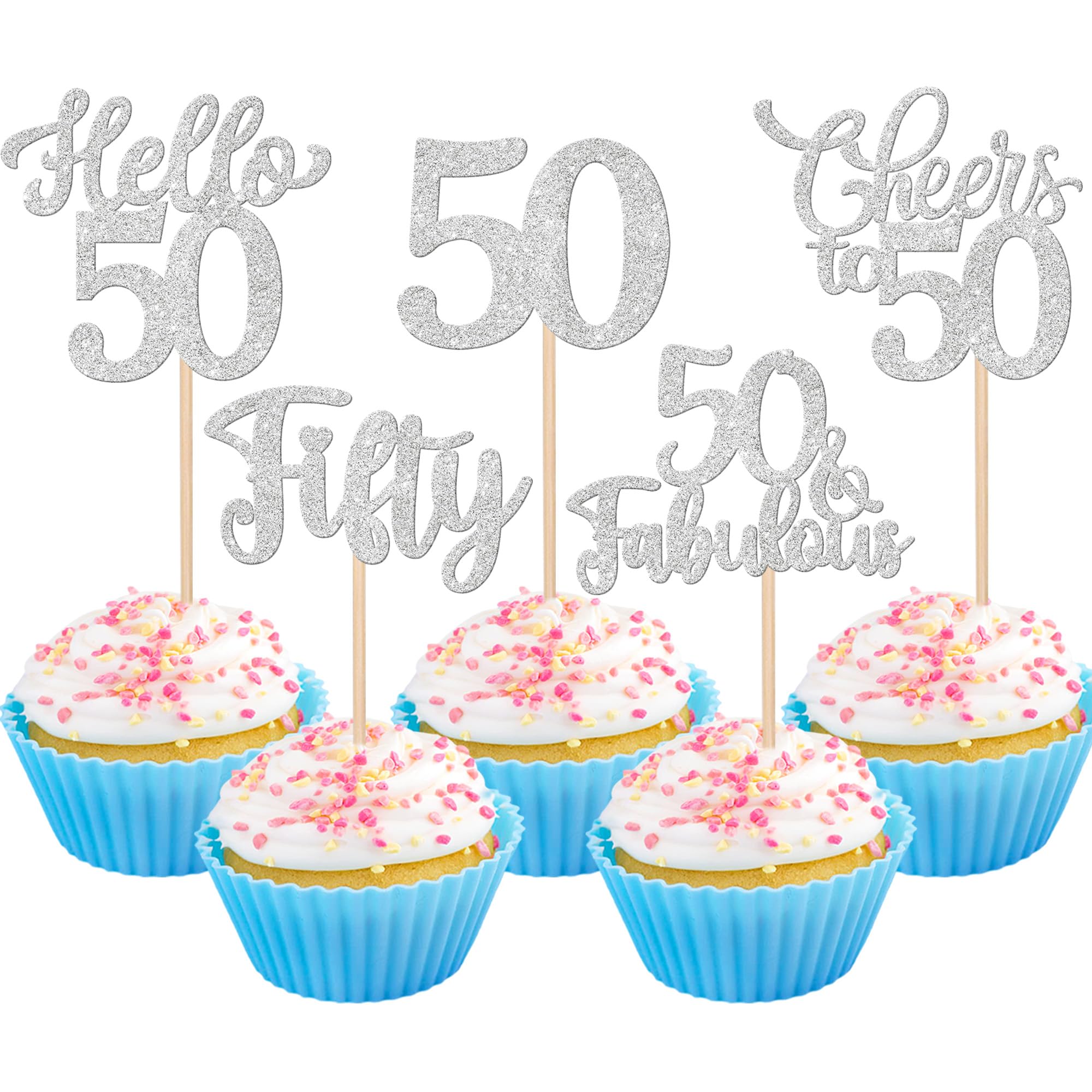 Xsstarmi 30 Pack Happy 50th Birthday Cupcake Toppers Silver Glitter Hello 50 Fabulous Fifty Birthday Cupcake Picks Cheers to 50 Years Cake Decorations for Happy 50th Birthday Party Supplies