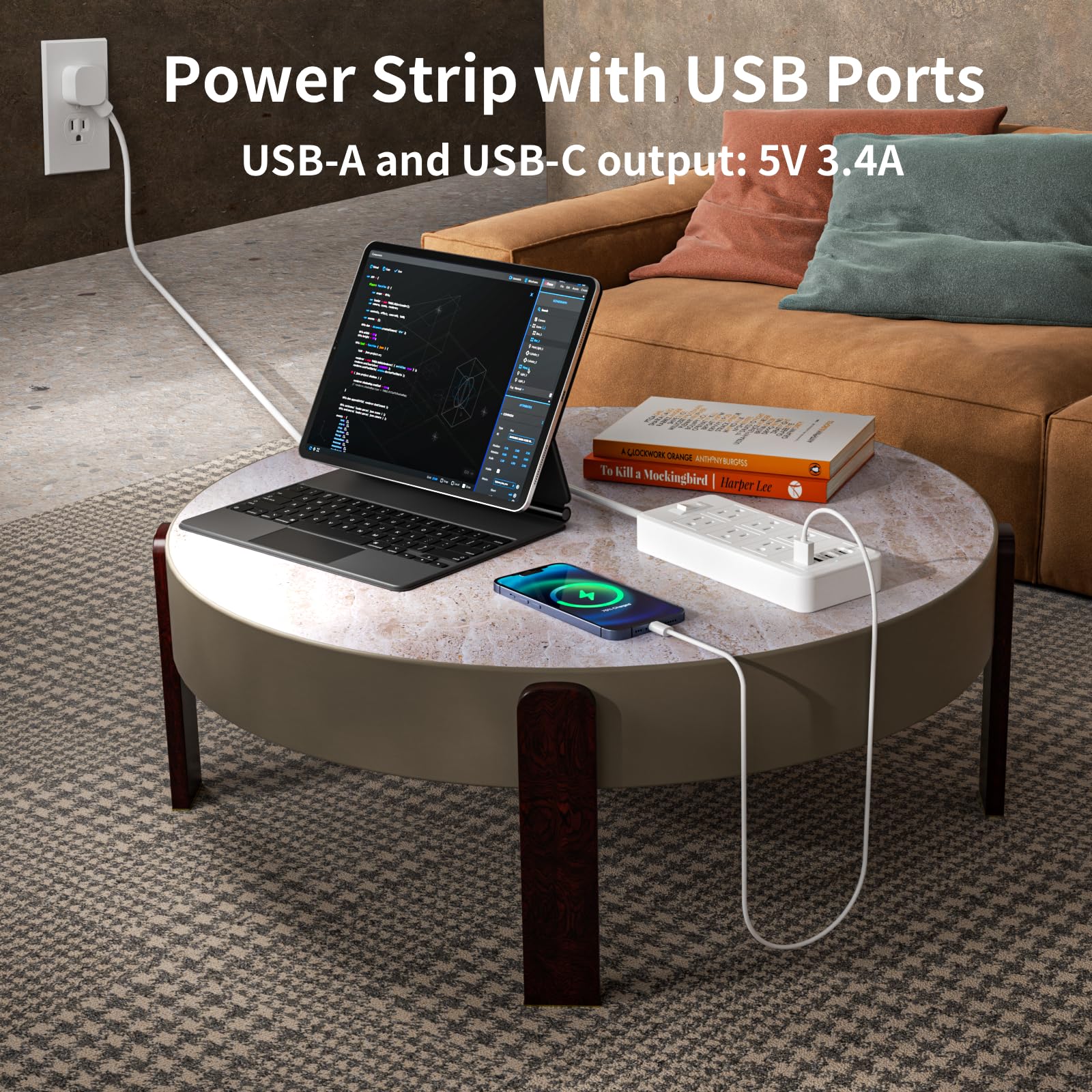 Verlängerungskabel, 1,8 m, Überspannungsschutz mit 6 AC-Ausgängen, 4 USB-Ports (2 USB-C-Ports), max. 17 Watt für Telefon, flacher Netzteil, Kiudth für Reisen, Büro