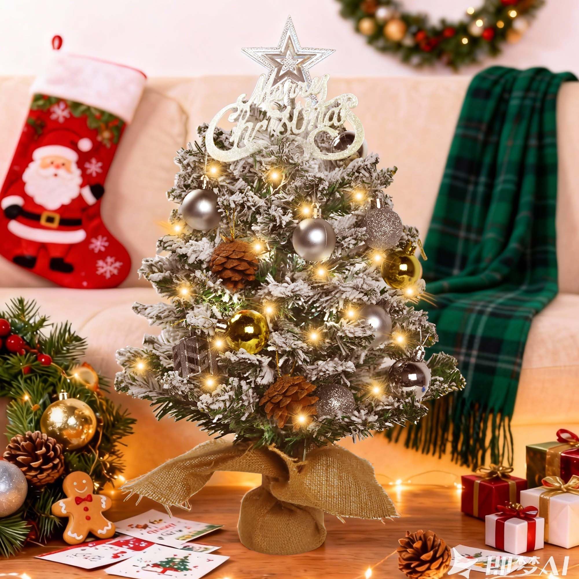 Mini sapin de Noël avec lumières, petit sapin de Noël de 55,9 cm avec lumières, étoile de cile, alphabet joyeux Noël, pommes de pin, boules à suspendre pour table, décoration de Noël