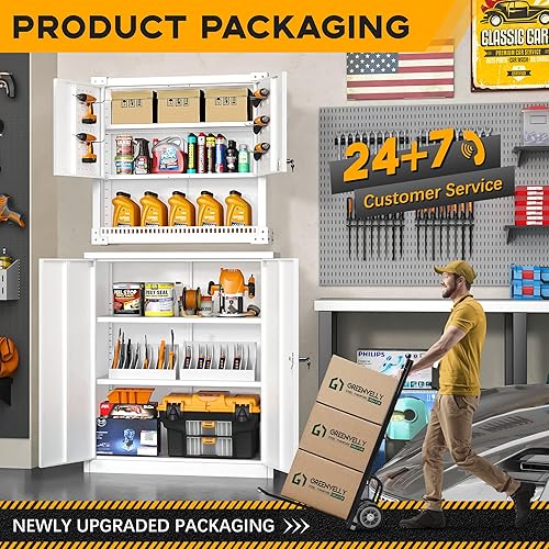 Miniatura 7 de Greenvelly Armario de metal para garaje, armario de almacenamiento blanco de 42 pulgadas con puertas y estantes, gabinete de almacenamiento de acero