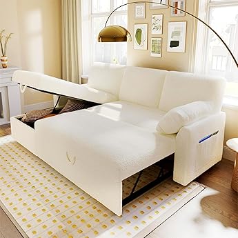 DWVO 105" Sectional Sofa Couch, 2 in 1 Sleeper Sofa Bed with Reversible Storage Chaise Pull Out Bed, U-Shape Sofa Bed for Living Room, Side Storage Pocket, Teddy Fleece, Beige
