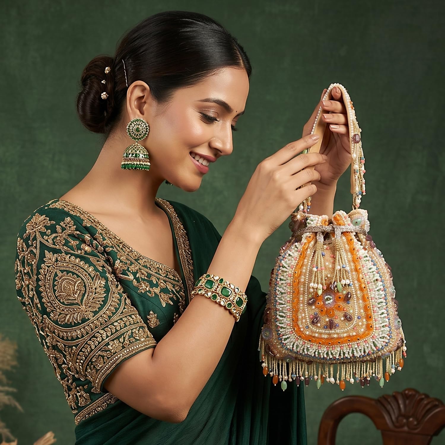 LONGING TO BUY Beaded Potli Bag for Women, Multicolor, Drawstring Wristlet with Pearl Fringe, Potli Bag for Wedding 9x9 Inch