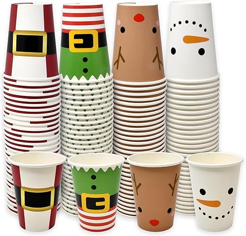 Gift Boutique 120 vasos de Navidad desechables de papel de 9 onzas. Taza de cena XMas invierno muñeco de nieve reno, elfo y cinturón de Papá Noel,