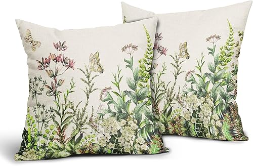 Miniatura 10 de Juego de 2 fundas de almohada de 16 x 16 pulgadas con diseño floral de coral verde turquesa, hojas y flores naranjas, fundas de cojín de algodón