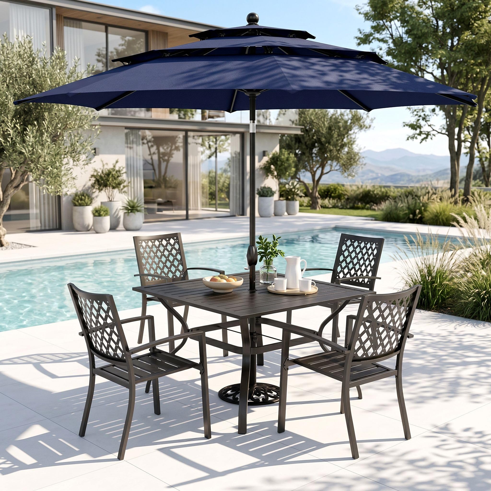 PHI VILLA 4 Pcs Outdoor Dining Set, Square Metal Table&10ft Umbrella