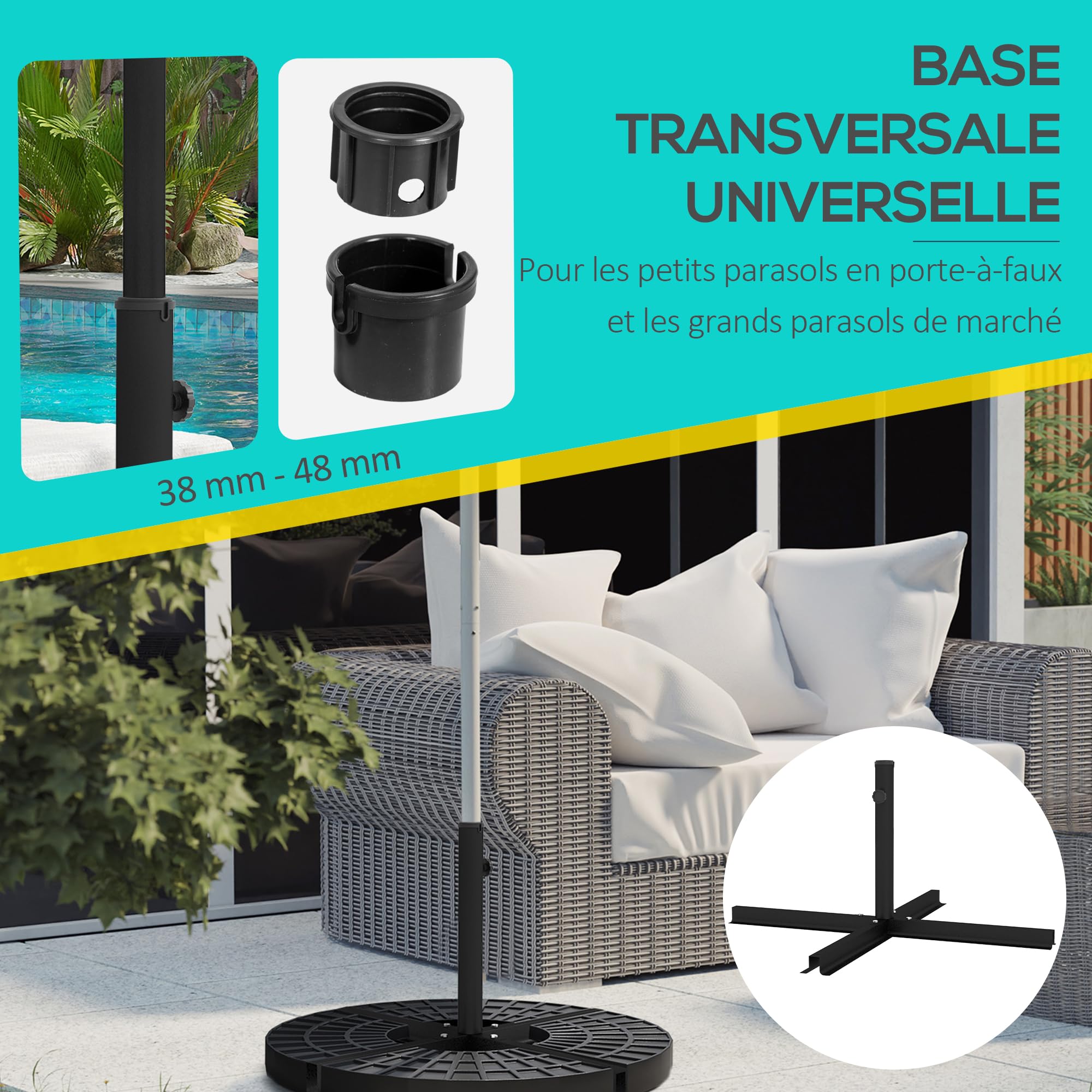 Outsunny Pied de Parasol Base de Parasol 3,8 KG Support de Parasol croisé en métal pour mât Ø 38 et 48 mm dim. 100L x 100l x 75H cm Noir