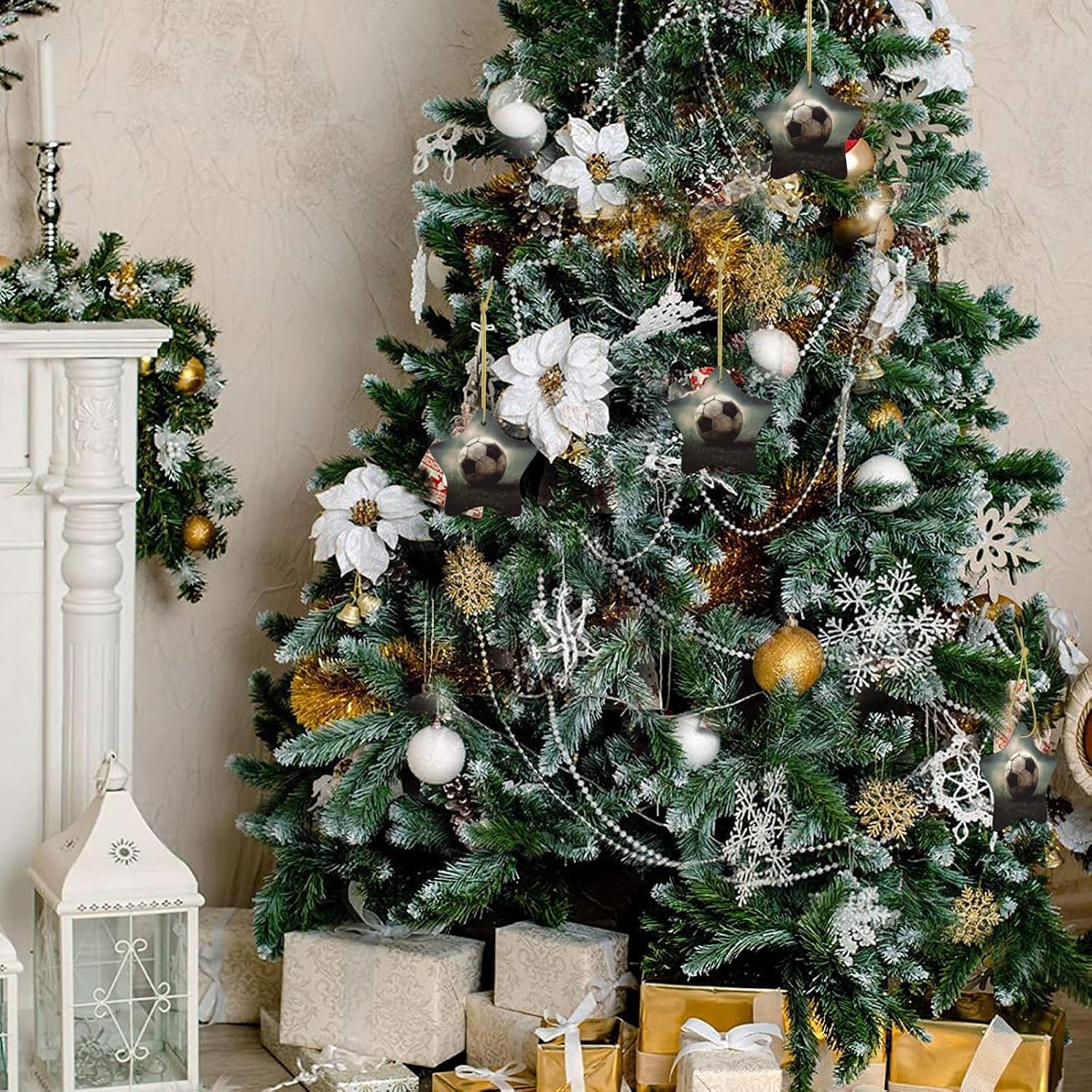 Sport Soccer Christmas Ornament with Gold Ribbon Christmas Tree Ceramic Ornament Xmas Star Shape Hanging Ornaments Pendants Round Xmas Crafts for Holiday Party Decoration Gift
