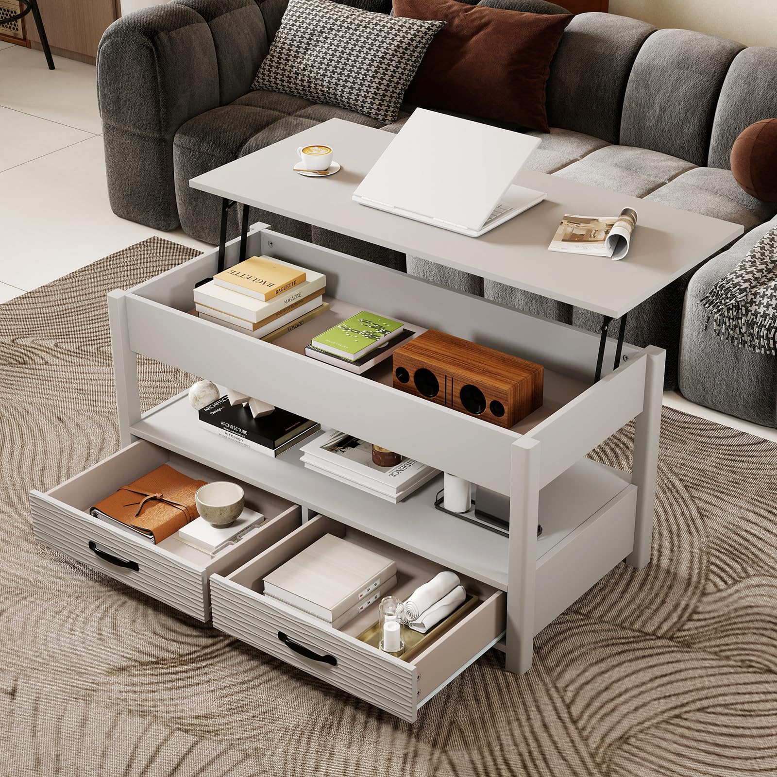 COSTWAY Couchtisch Höhenverstellbar, Sofatisch mit offene Ablage & 2 Schubladen, Wohnzimmertisch mit anhebbarer Tischplatte 50-63,5cm, Kafeetisch Holz für Wohnzimmer, Büro, Grau