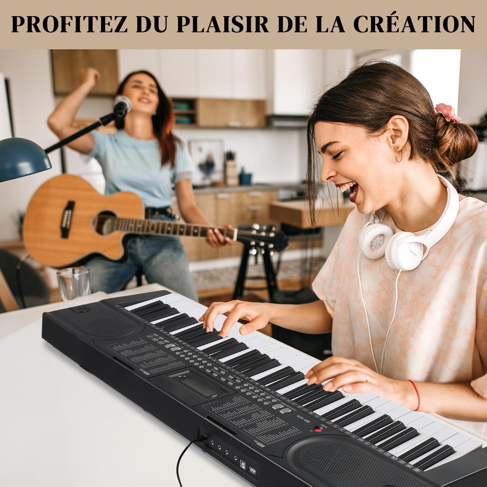 LEADZM Clavier Piano 61 Touches, Piano Numérique avec Touches Éclairées, LCD Écran, MIDI, Support X de Clavier Électrique, Banc de Piano, Pupitre, Casque, Microphone (Noir1)