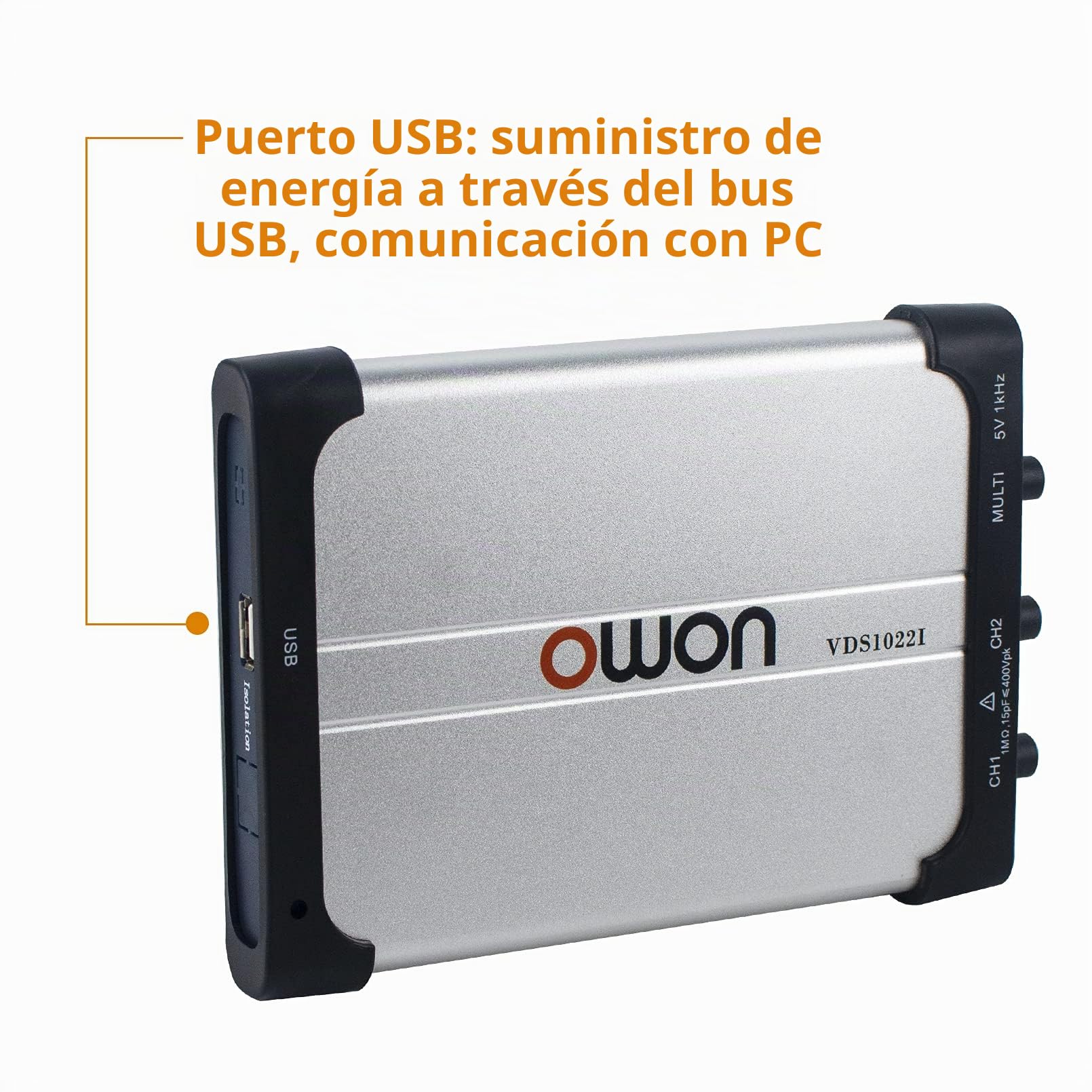 OWON VDS1022i Oscilloscopio USB basato su PC, 2+1 (multi) canali portatile, larghezza di banda 25 MHz con isolamento del canale