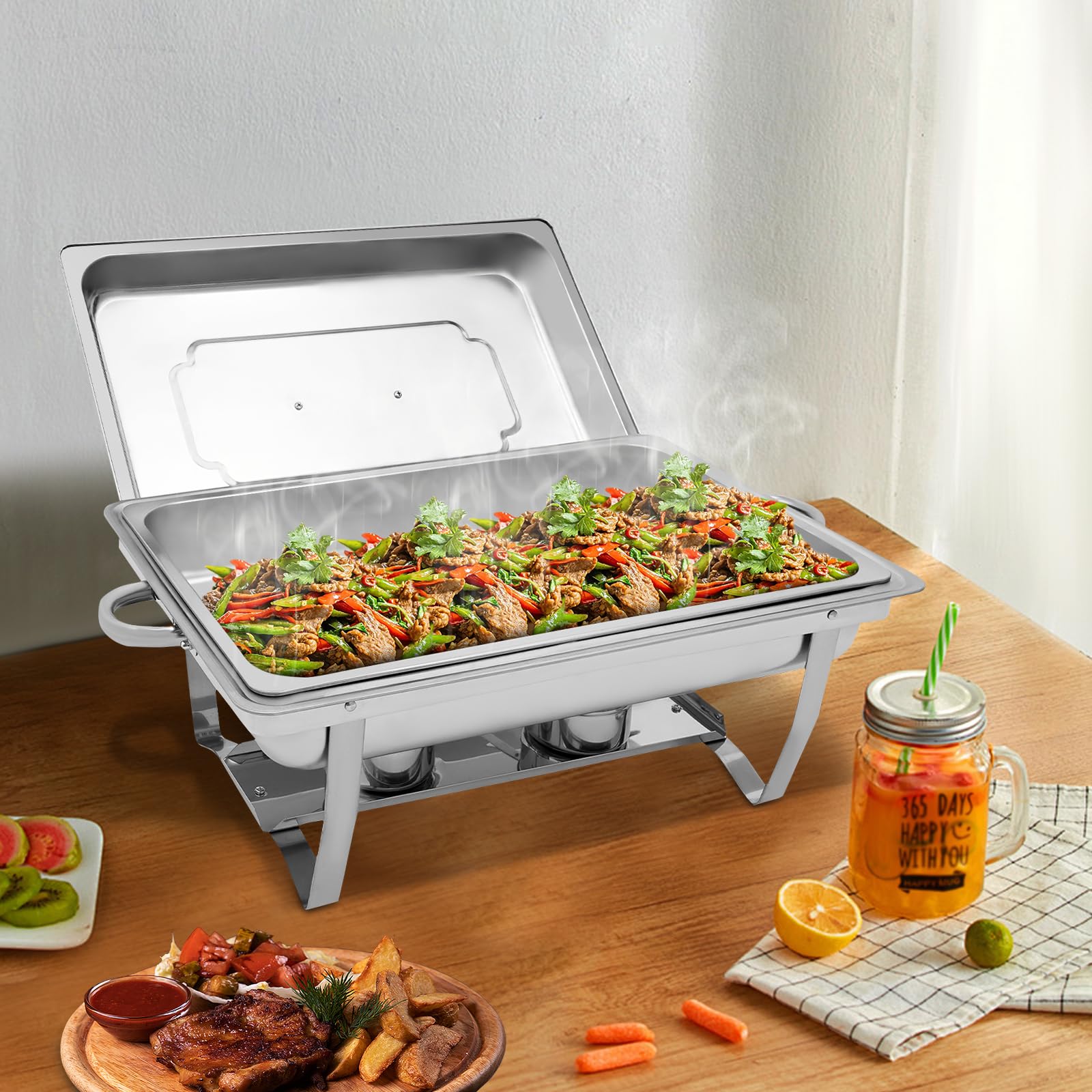 Chafing Dish - Scaldavivande in acciaio inox, 9 l, per buffet e catering, contenitore termico rettangolare con telaio pieghevole, per feste e matrimoni (62 x 34 cm)