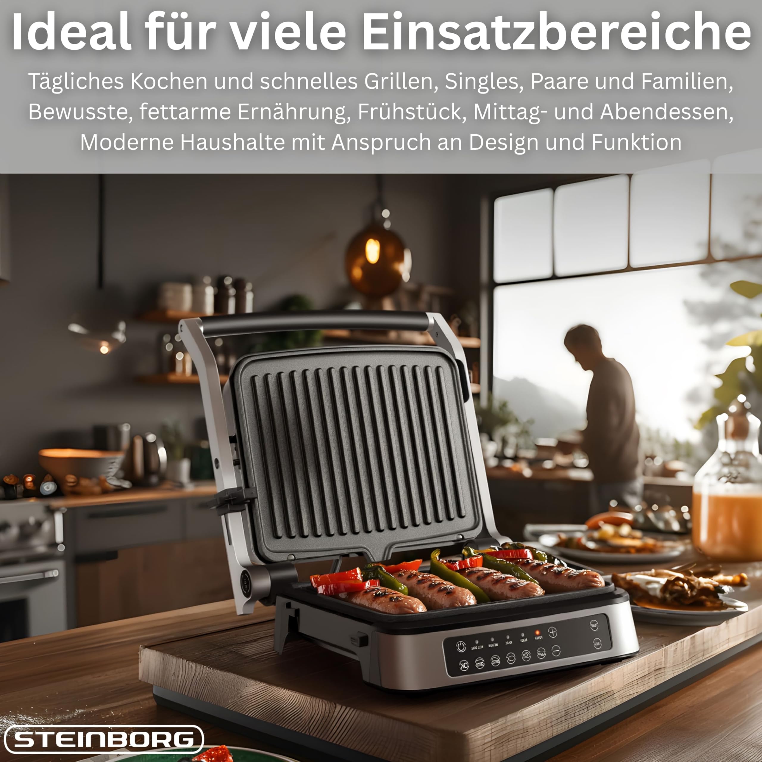 Steinborg® Grill kontaktowy, zdejmowane płyty z ekranem dotykowym, elektryczny grill stołowy i grill panini, rozkładany w zakresie 180°, nieprzywierające płyty grillowe, nadaje się do mycia w zmywarce