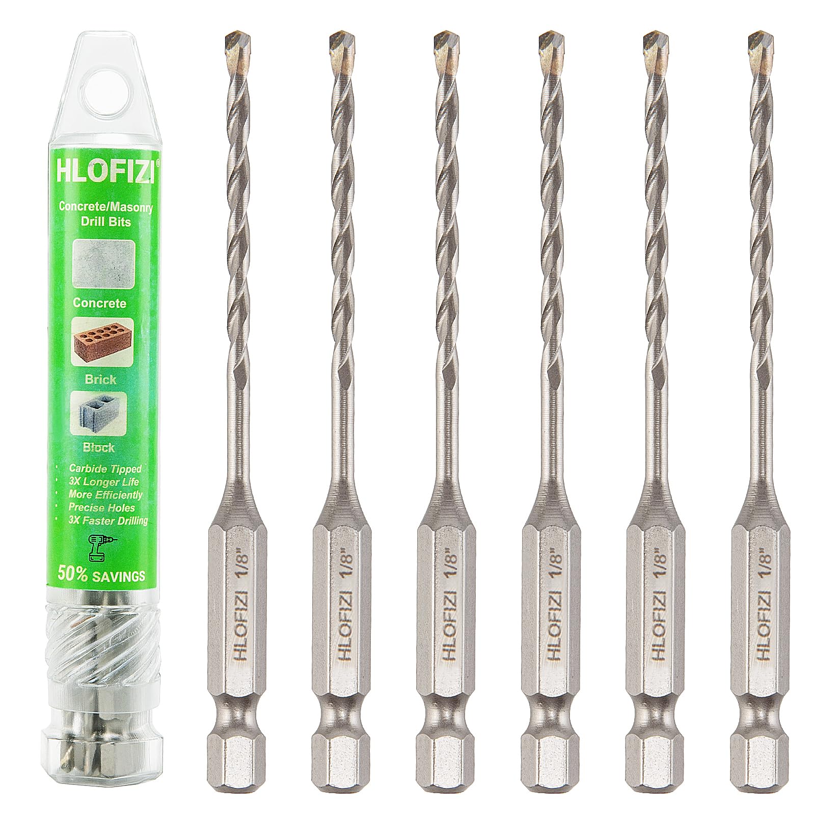 HLOFIZI 1/8" x 3-1/2" Masonry Drill Bits 1/8 inch Concrete Drill Bits, for Cement, Brick, Stone, 6 Pack, Hex Shank