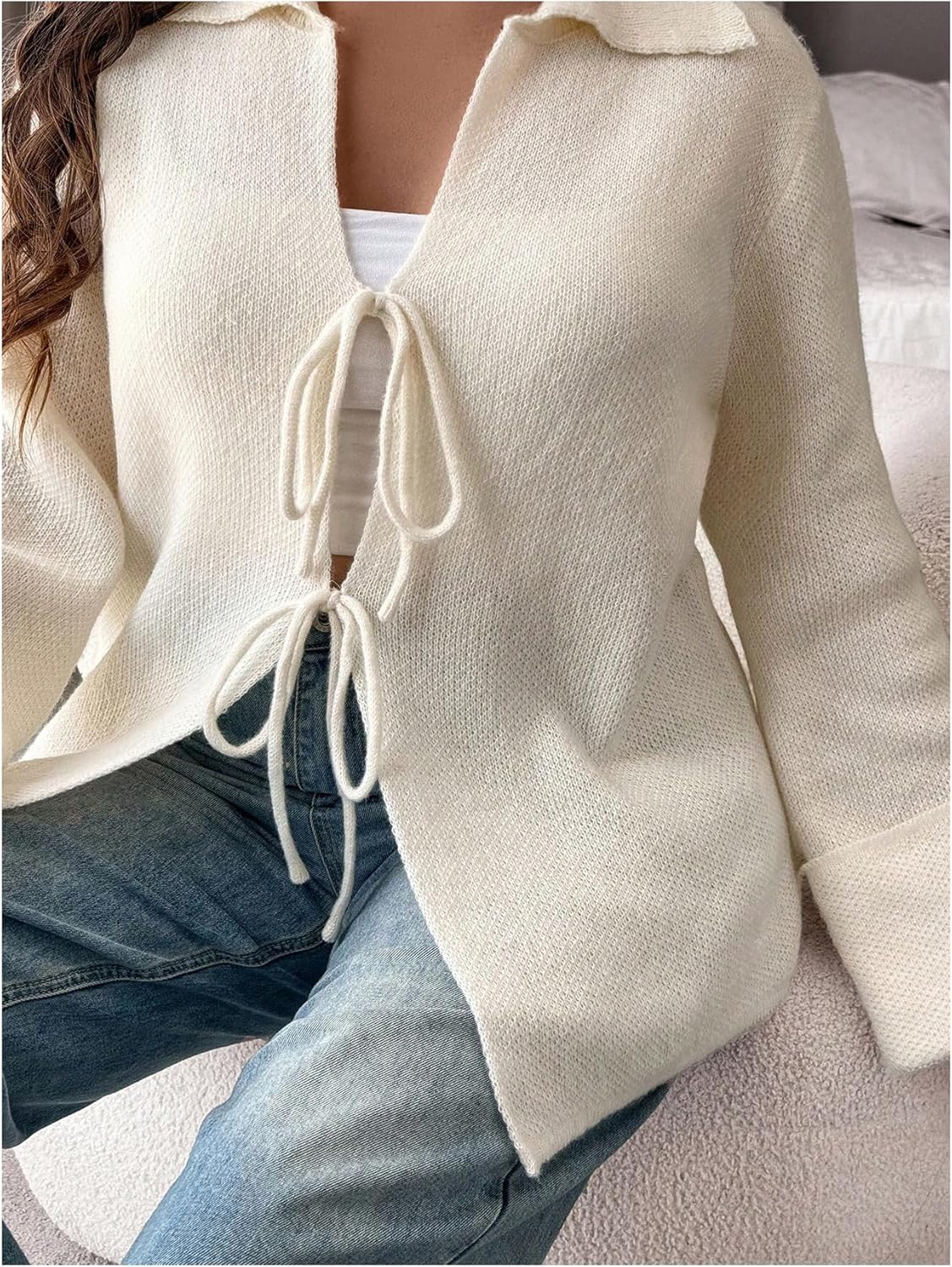 SHENHE Women's Tie Front Cardigan Collared Long Sleeve V Neck Casual Lightweight Knit Top - Image 3