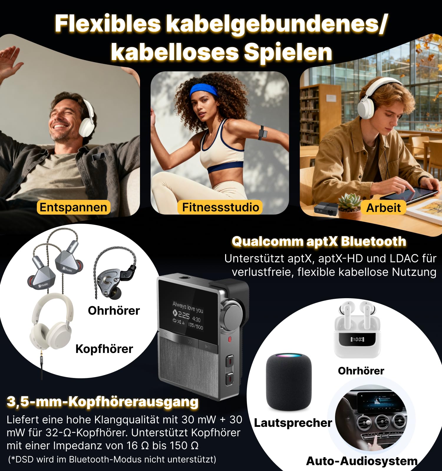 Hmusic P68 HiFi-MP3-Player mit Clip, verlustfreier DSD-Musik-Player | Hoher Auflösung, Bluetooth, tragbarer Hi-Res-Audio-Player mit 16 GB Speicherkarte, unterstützt bis zu 128GB HiFi-Musik-Player
