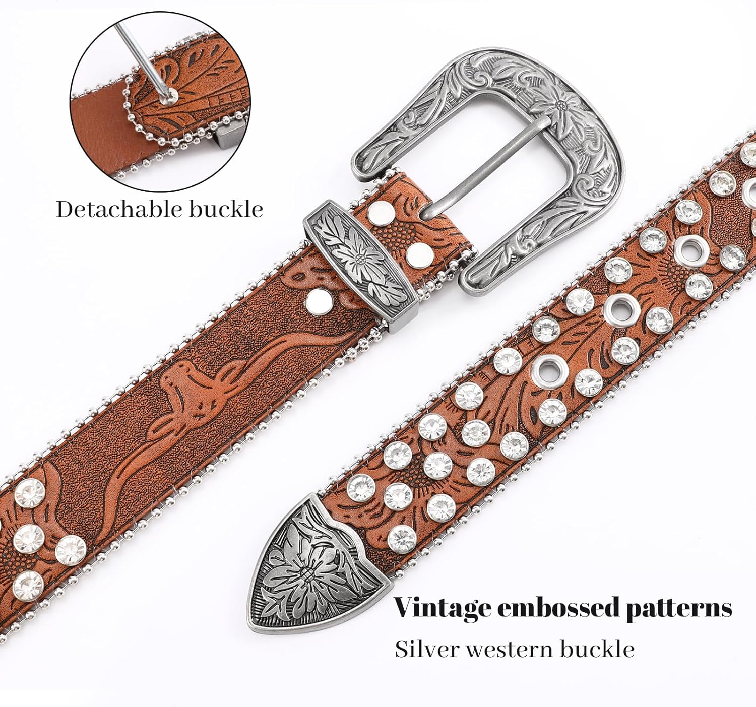 WERFORU Western Rhinestone Leather Belt,Cowgirl Cowboy Bling Belt For Jeans With Silver Vintage Western Buckle - Image 3