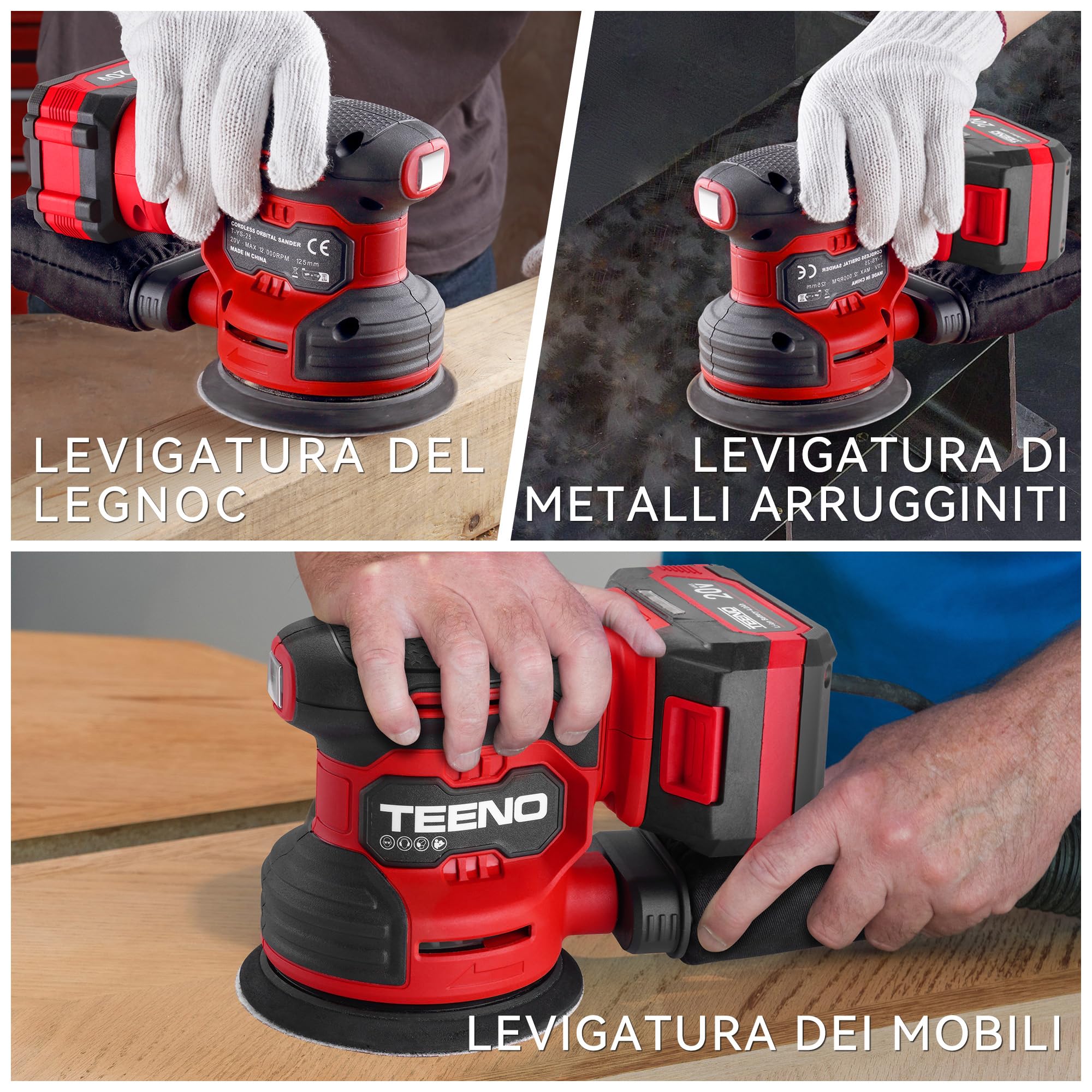 TEENO Levigatrice Orbitale a batteria 4A丨Platorello 125 mm | Levigatrici Eccentriche senza fili 20V丨6000-12000 giri/min丨6 Velocità丨25 carte vetrate丨Sacco Polvere