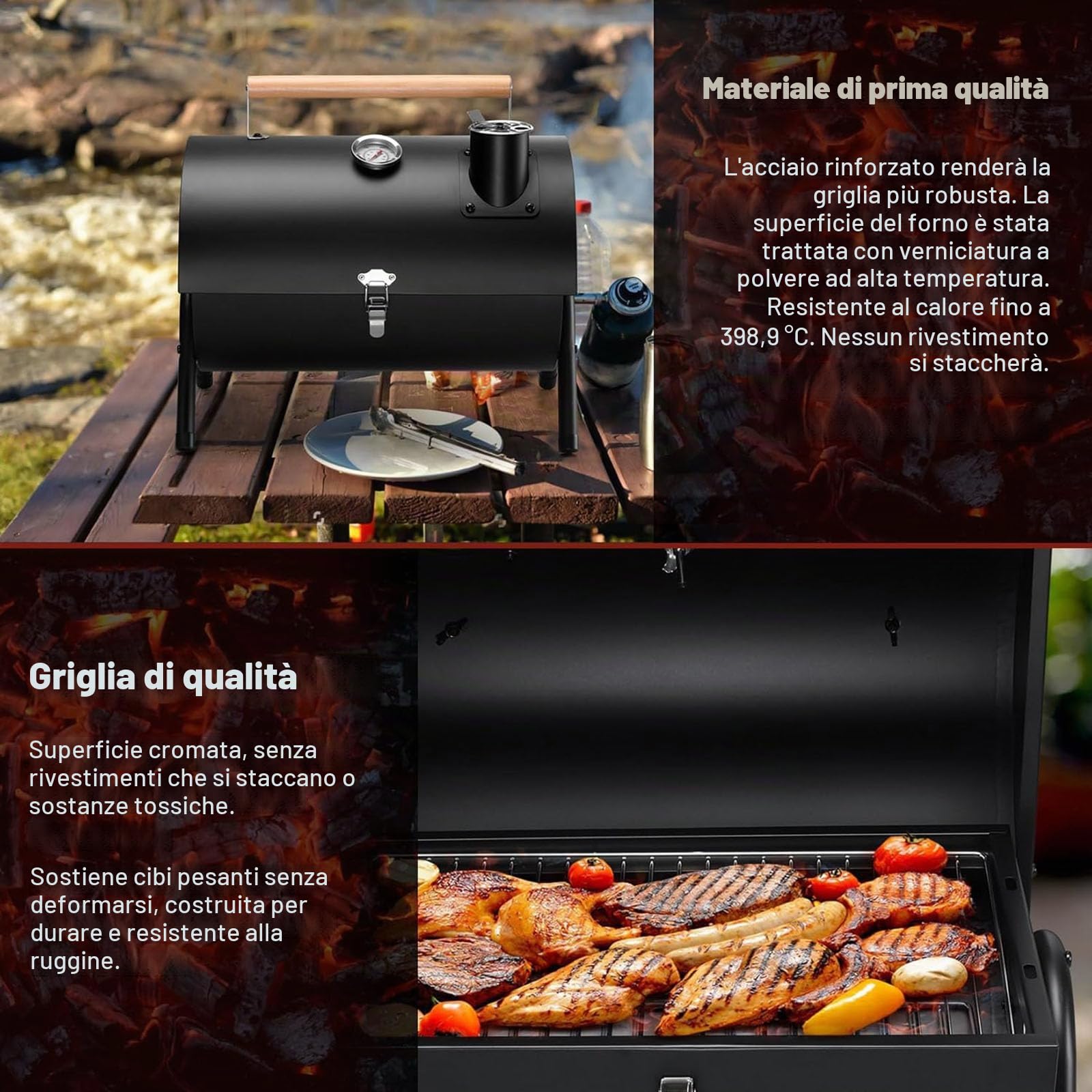 Barbecue a carbonella portatile da campeggio con coperchio, piccolo barbecue da tavolo con termometro, flusso d'aria regolabile e quantità di scarico, per cucina all'aperto, feste, campeggio, picnic