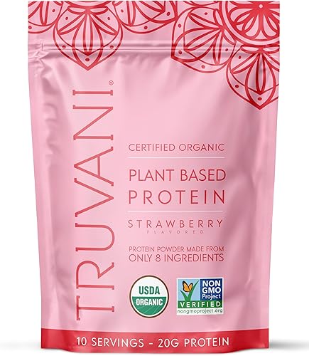 Truvani Polvo de Proteína Vegana de Guisante  Fresa  20g de Proteína Orgánica a Base de Plantas  10 Porciones  Keto  Sin Gluten y Lácteos  Bajo en