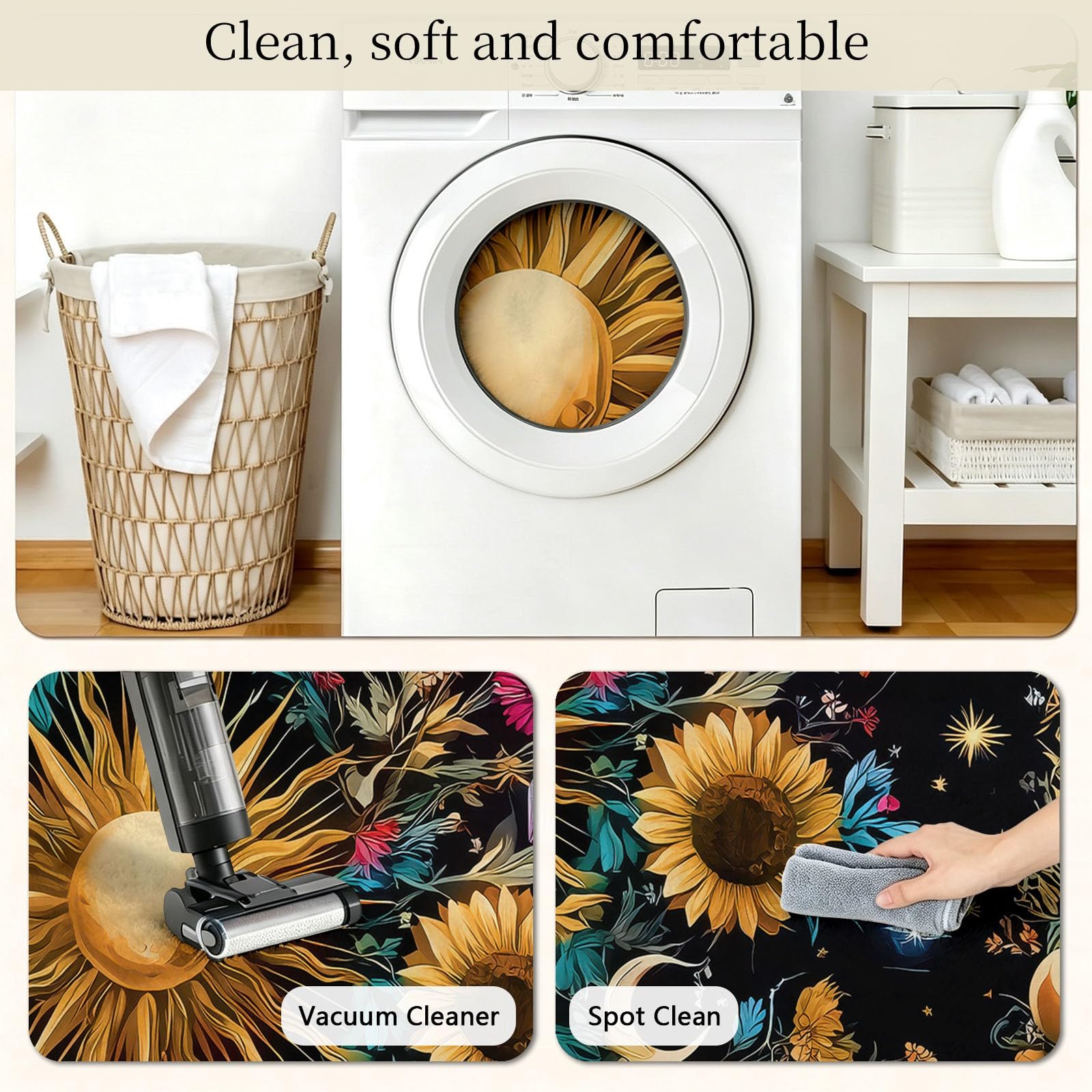 Générique Tapis Salon Rond Noir 100 cm, Bohème Lavable en Machine et Antidérapant Moquette, Extra Doux Tapis Soleil Lune Fleurs pour Chambre à Coucher, Salle à Manger, Salle de Jeux