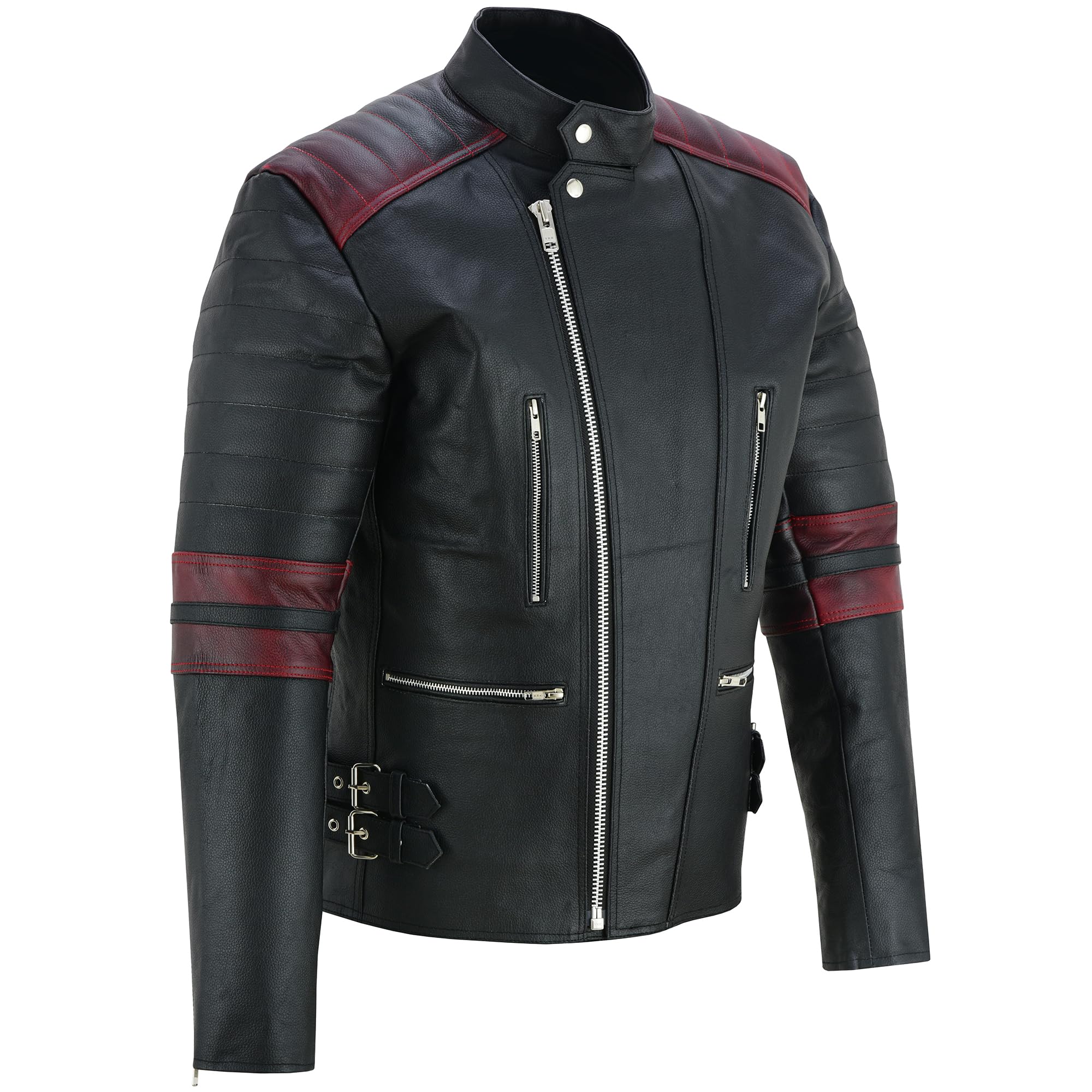 German Wear Leder Motorradjacke Oldschool Retro, Schwarz/Weiß