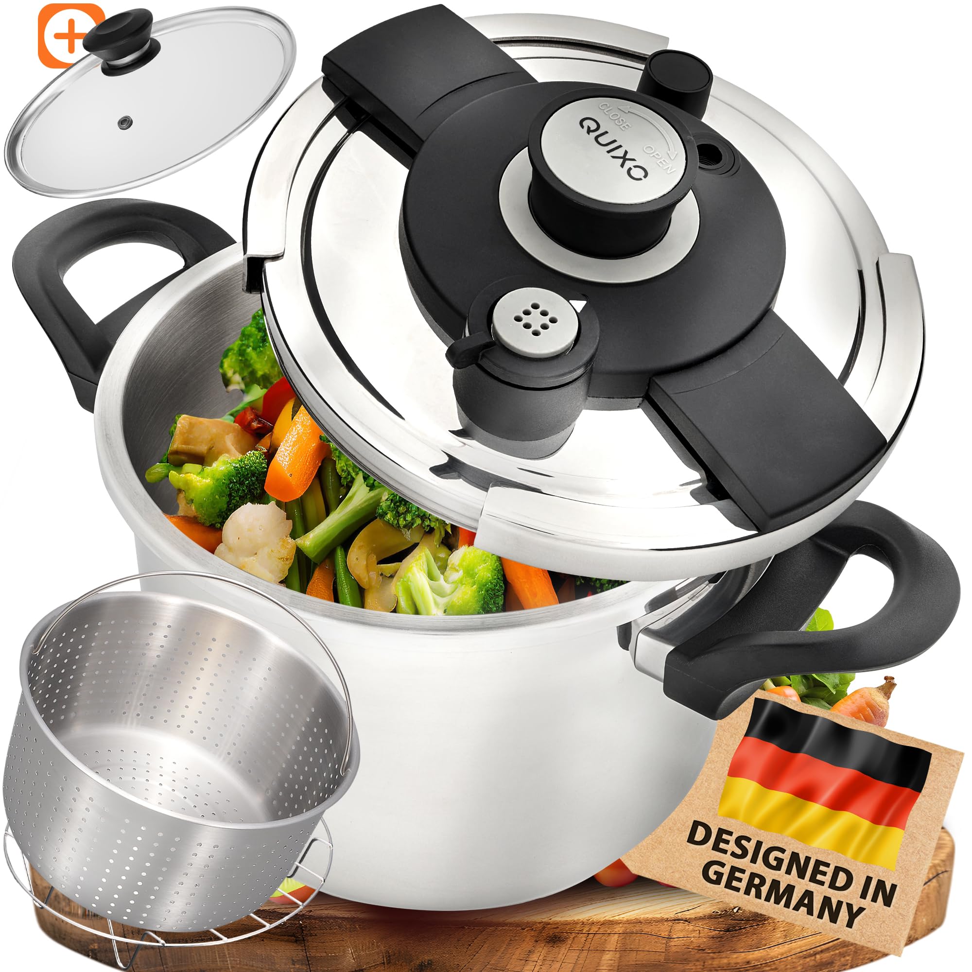 QUIXO Olla express 6l Pressure cooker Inducción (6L Set + Tapa vidrio) | Cierre QuickSafe con señal de cocción