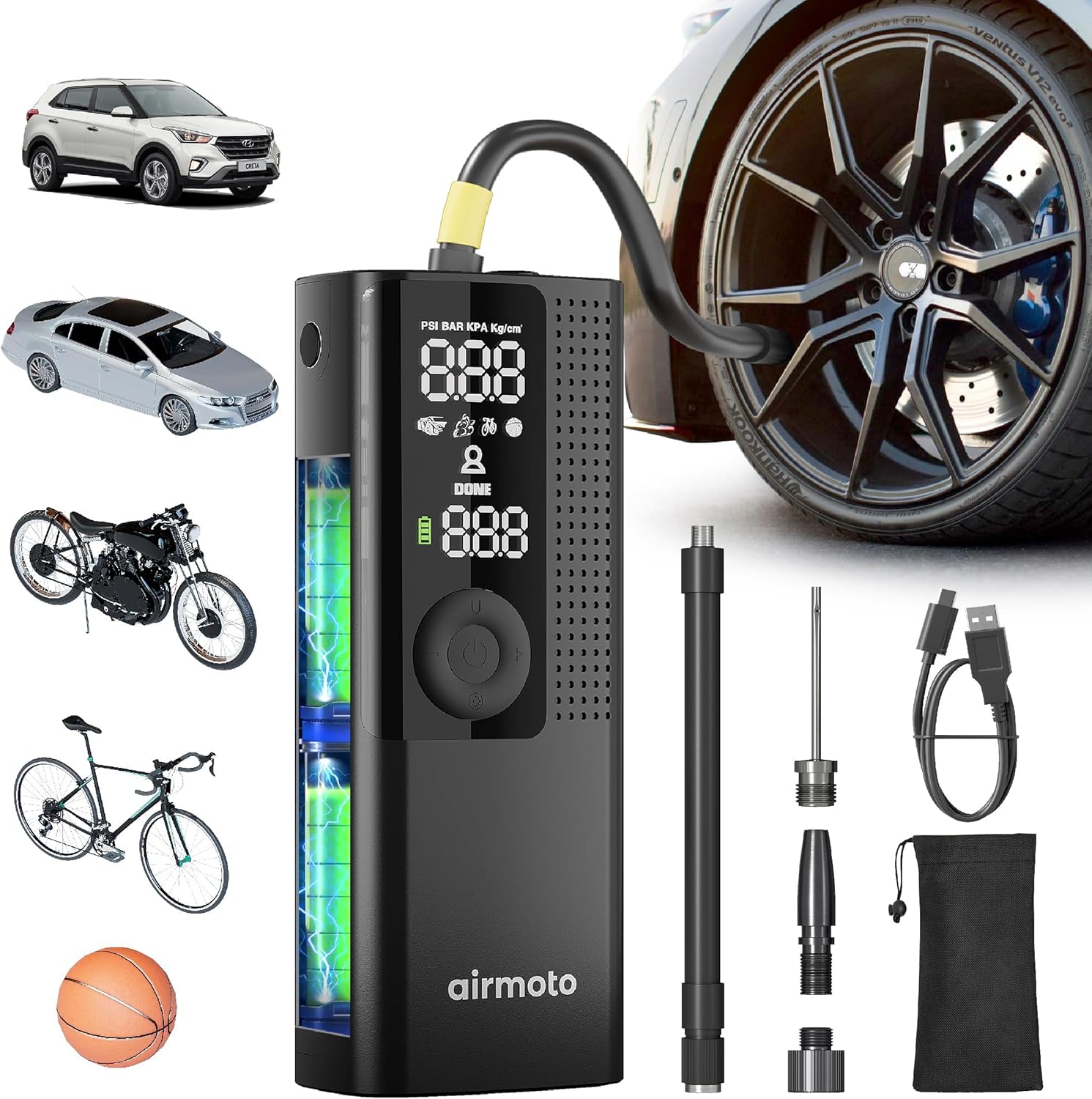 Airmoto Tire Inflator Portable Air Compressor - Air Pump for Car Tires with Digital Pressure Gauge