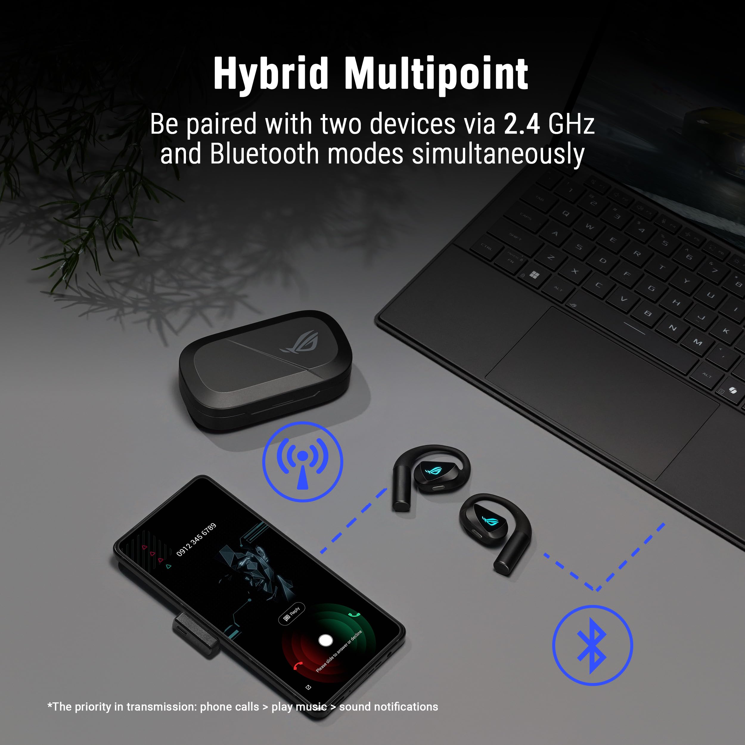 ASUS - ROG Cetra Open Wireless - Écouteurs Gaming sans-Fil, Haut-parleurs avec revêtement DLC, Modes Audio personnalisés, Quatre micros à réduction de Bruit par IA, 16 Heures d'autonomie,