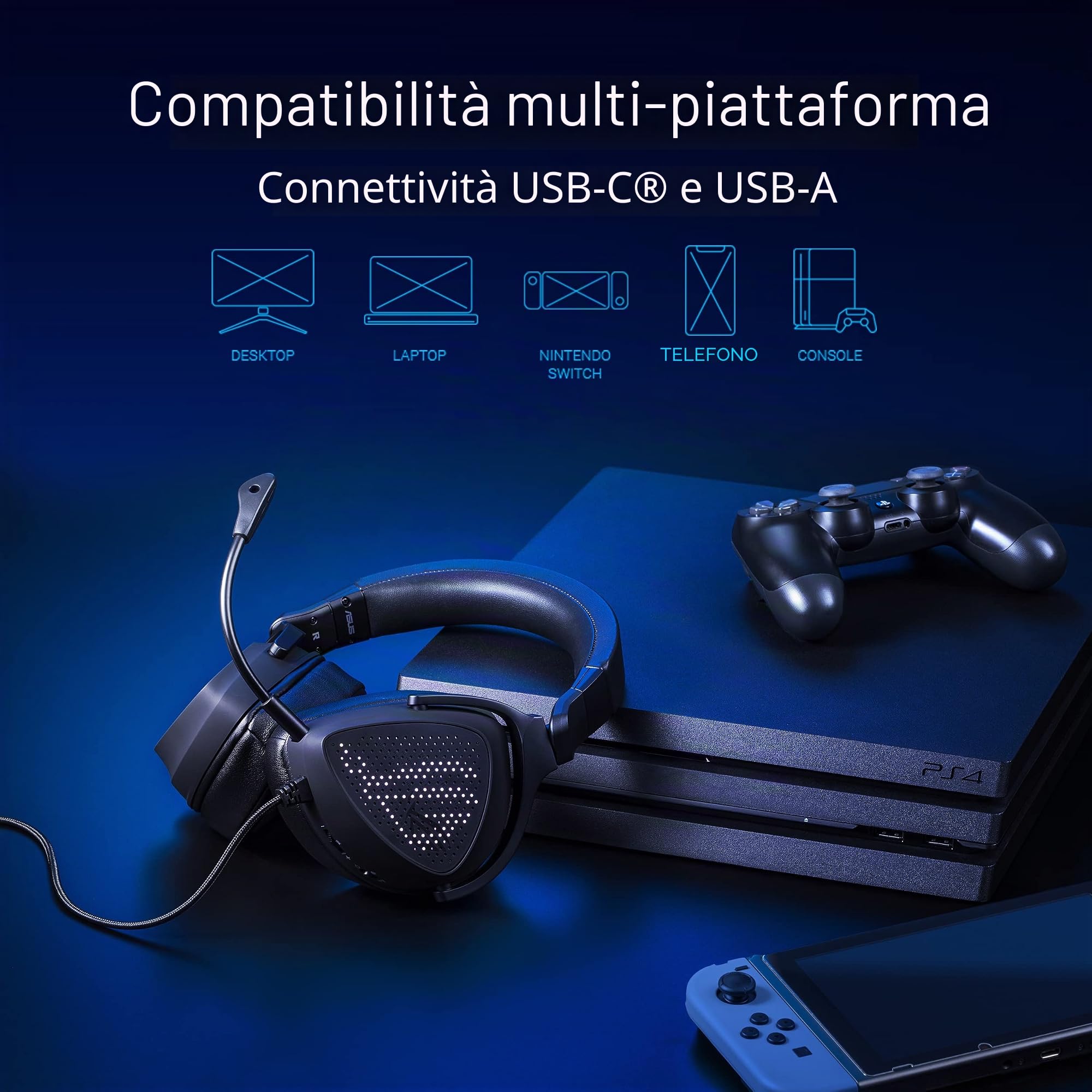 ASUS ROG Delta S Animate, Cuffie da Gaming Cablate, Connessione con Cavo USB-A e USB-C, AI Noise Cancelation, Driver Essence da 50mm, Compatibili con PC, Telefoni e Console, Nere