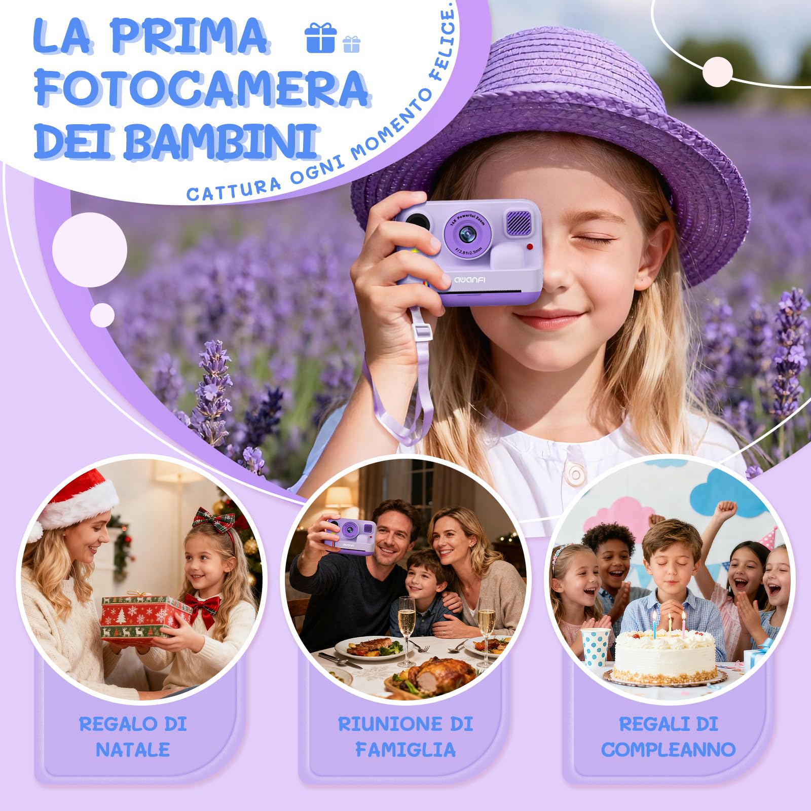 Macchina Fotografica Bambini Istantanea, 1080P Fotocamera Istantanea Bambino, 2.4 Pollici Fotocamera Digitale Bambini con Scheda da 32GB & Papier Photo, Regalo per Ragazze Ragazzi da 3-12 Anni