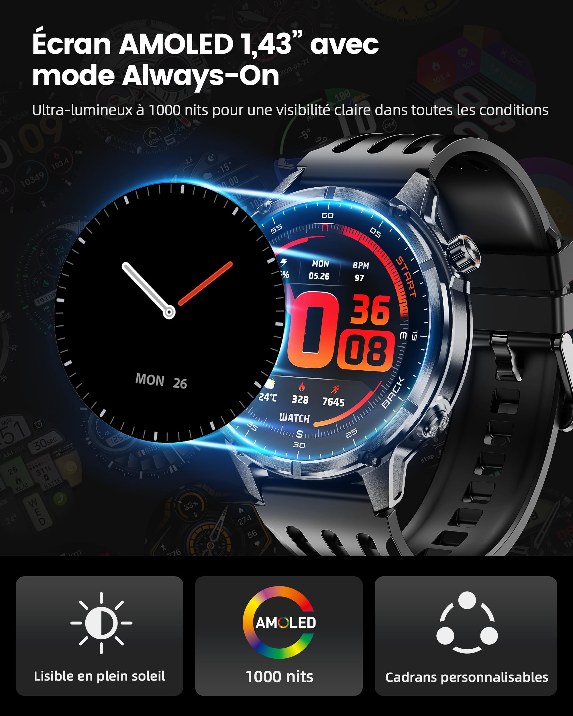 WalkerFit Smartwatch Uomo GPS 2025, Display AMOLED 1,43", Orologio Sport con Chiamate Bluetooth, Impermeabilità 5ATM, Autonomia Prolungata, 170+ Modalità Sport, Compatibile Android iOS (Nero)