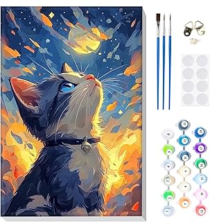 MOGTAA Cat Paint by Number Kit for Adults Beginners Framed, Adult Paint by Number Kits On Canvas, Easy Adults' Paint-by-Number Kits, DIY Starry Sky Oil Painting Kits for Home Decor, 8x12in