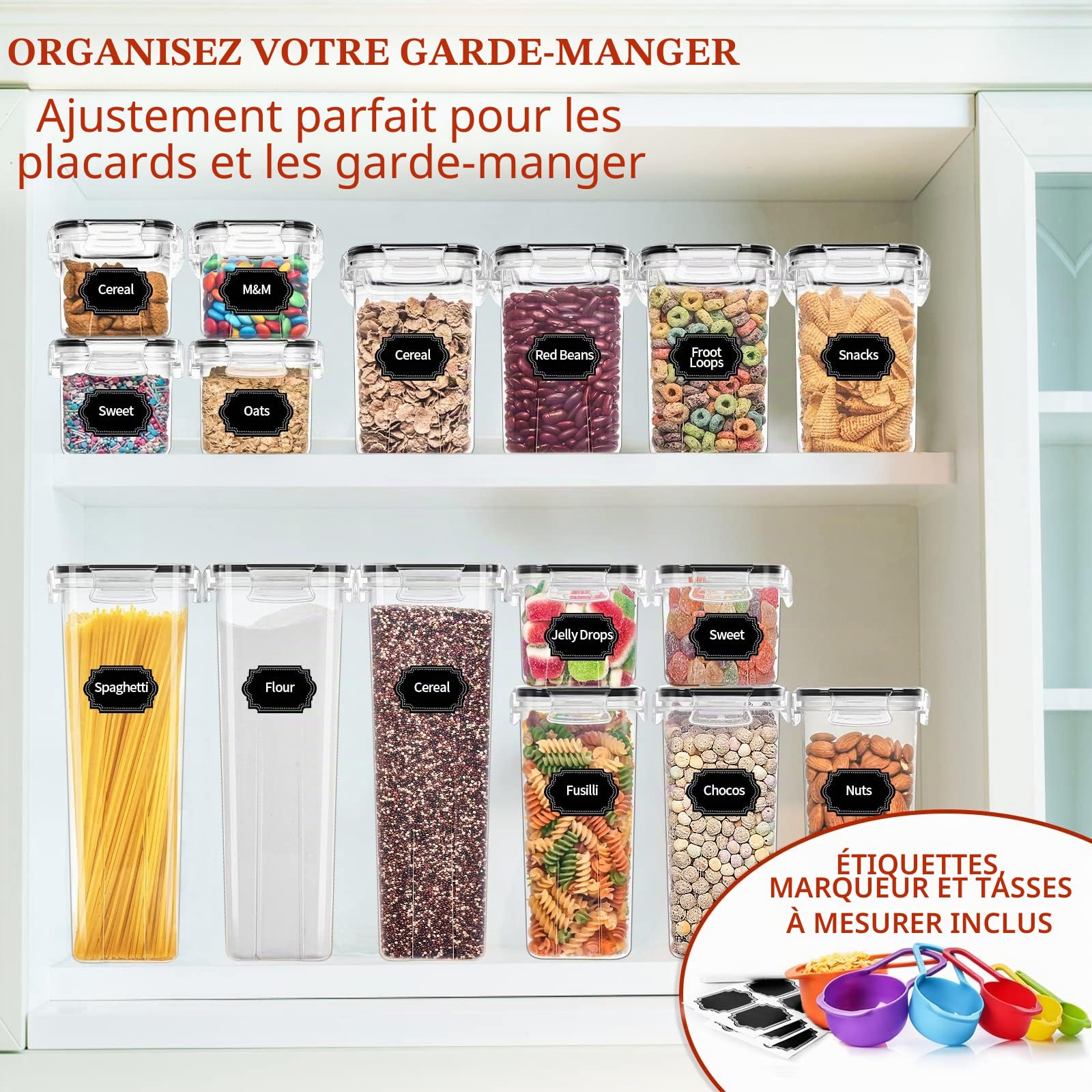 Skroam Lot 24 boîtes hermétiques pour organisation et rangement du garde-manger, céréales, pâtes, farine et sucre