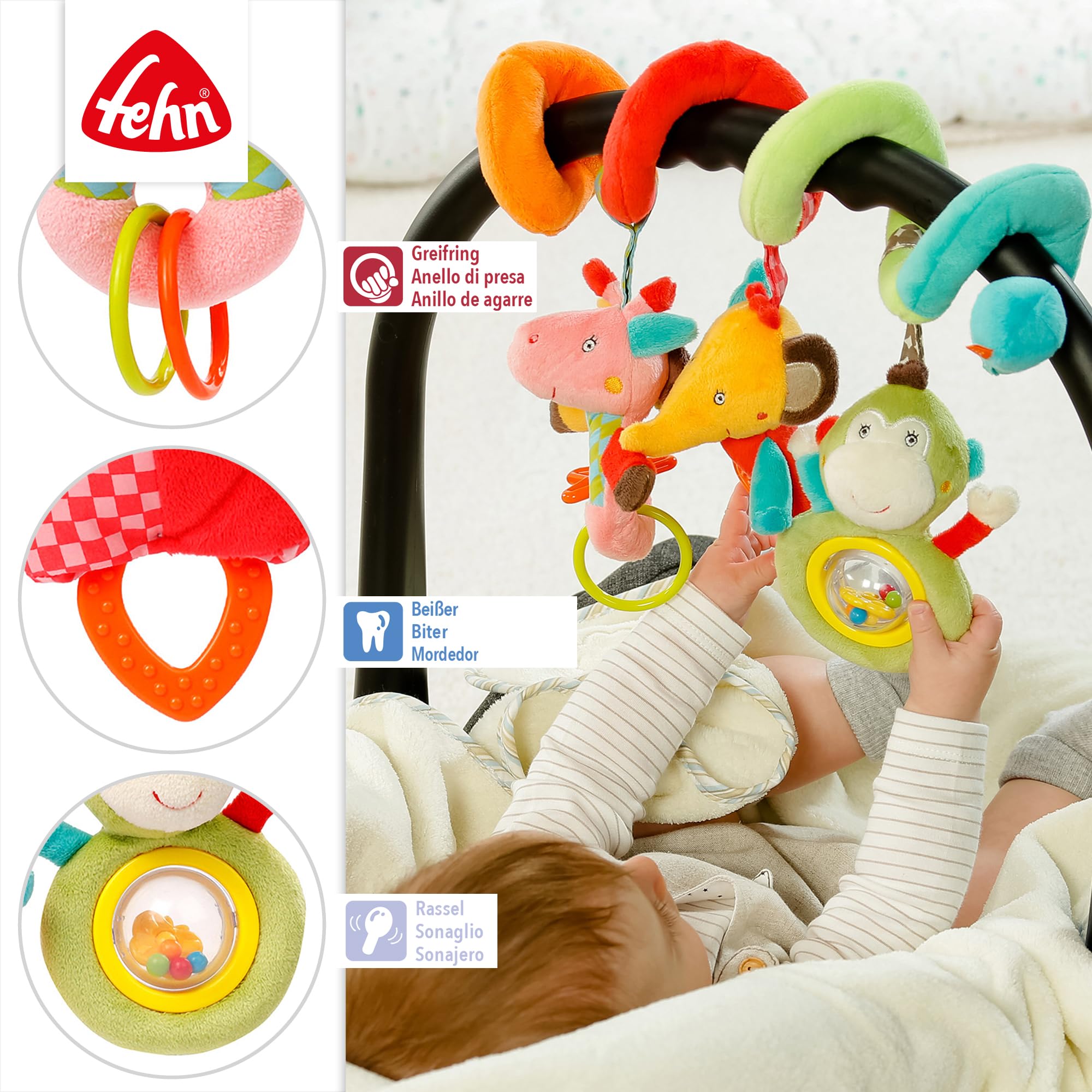 Fehn spirale di attività Safari -Giocattoli motori con funzioni didattiche per toccare, sentire, giocare - stimola la presa, il tatto e la motricità - per neonati dalla nascita