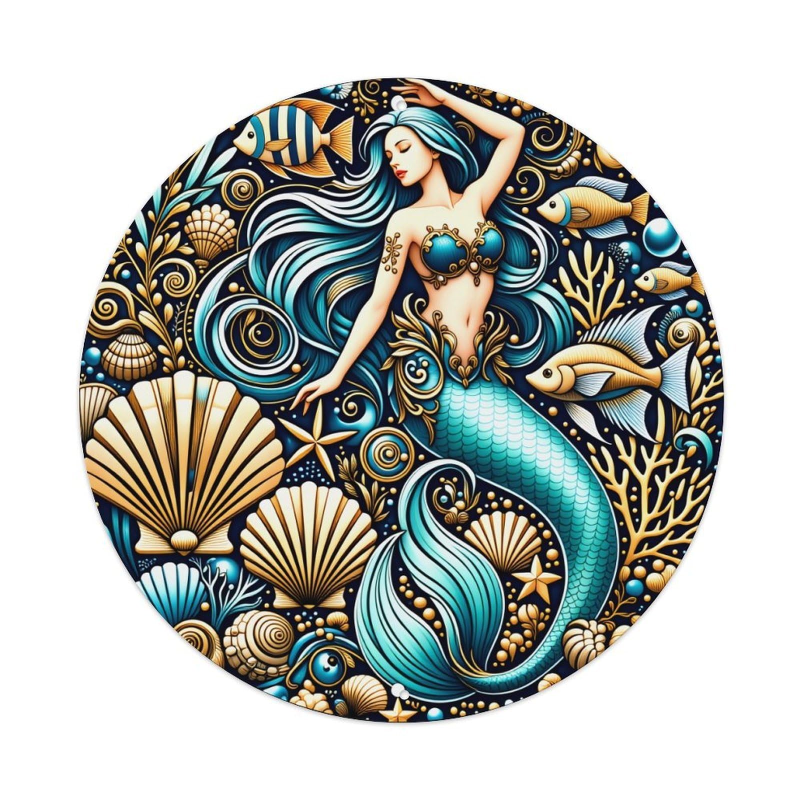 Wmlzdnwr Vintage Mermaid With Blue Hair And Fish In Ocean Pattern Round Tin Sign,Retro Wall Art,Metal Poster For Home, Bar, Garage, Cafe, Rustic Indoor & Outdoor Decor, 8X8 Inches