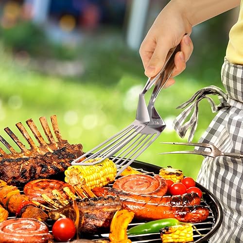 Miniatura 6 de Pinzas de espátula de acero inoxidable para cocinar agarre de pescado práctico clip de pizza ranurado doble espátula parrilla pinzas de metal s para