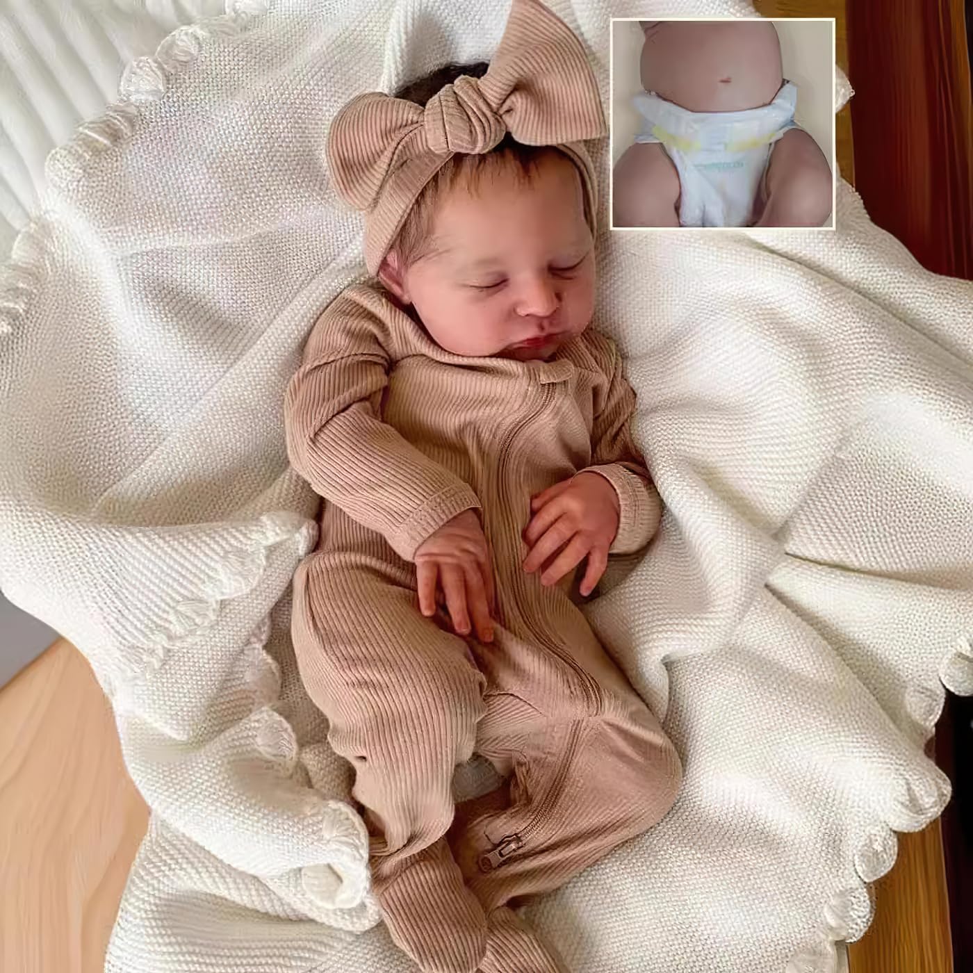 Wamdoll 19 Inch Realistic Reborn Baby Doll Lifelike Newborn Dolls Look Real Cloth Body Sleeping Baby Doll with Painted Hair & Beige Bow Headband