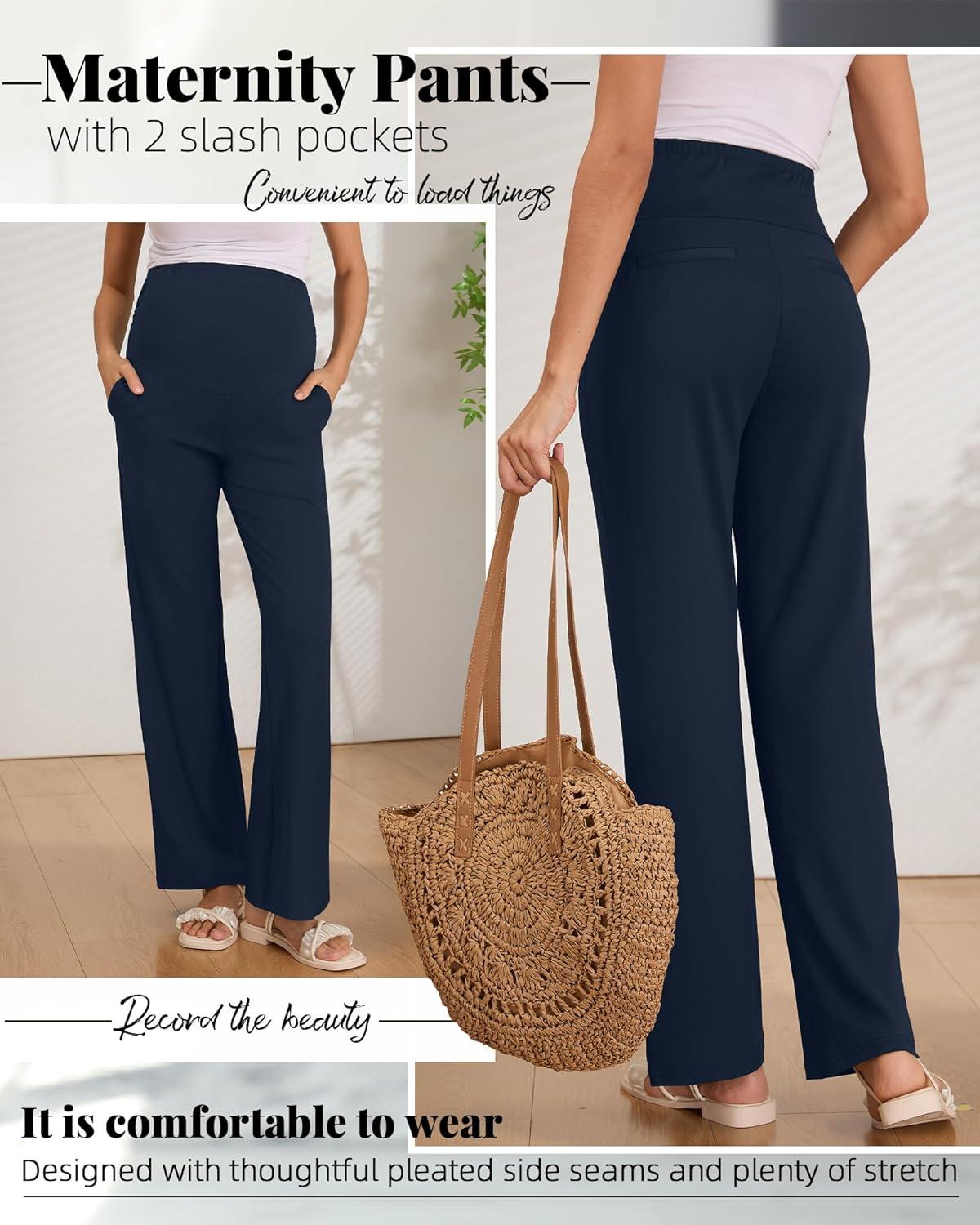 Women's Maternity Pants Over The Belly Pregnancy Clothes for Work Stretchy Straight Dress Pants with Pockets - Image 4