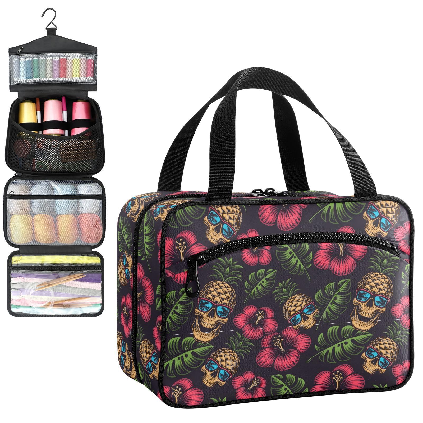 YNNALE Sewing Supply Organizer Bag, Hawaii Pineapple Skill with Floral Leafs Portable Sewing Bags with Pockets&Hanger, Sewing Storage Box Case for Sew Supplies/Kit/Tools/Accessories (BAG ONLY)