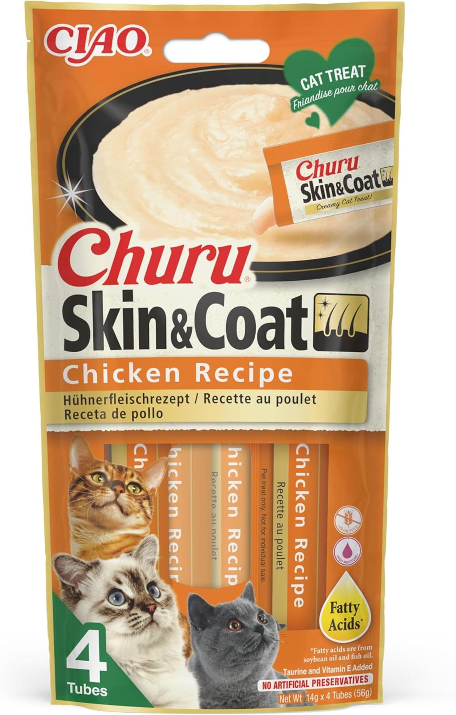 Inaba® Ciao® Inaba Ciao Snack in Crema per Gatti Churu Skin&Coat Premio al Pollo 4 Stick da 14 g