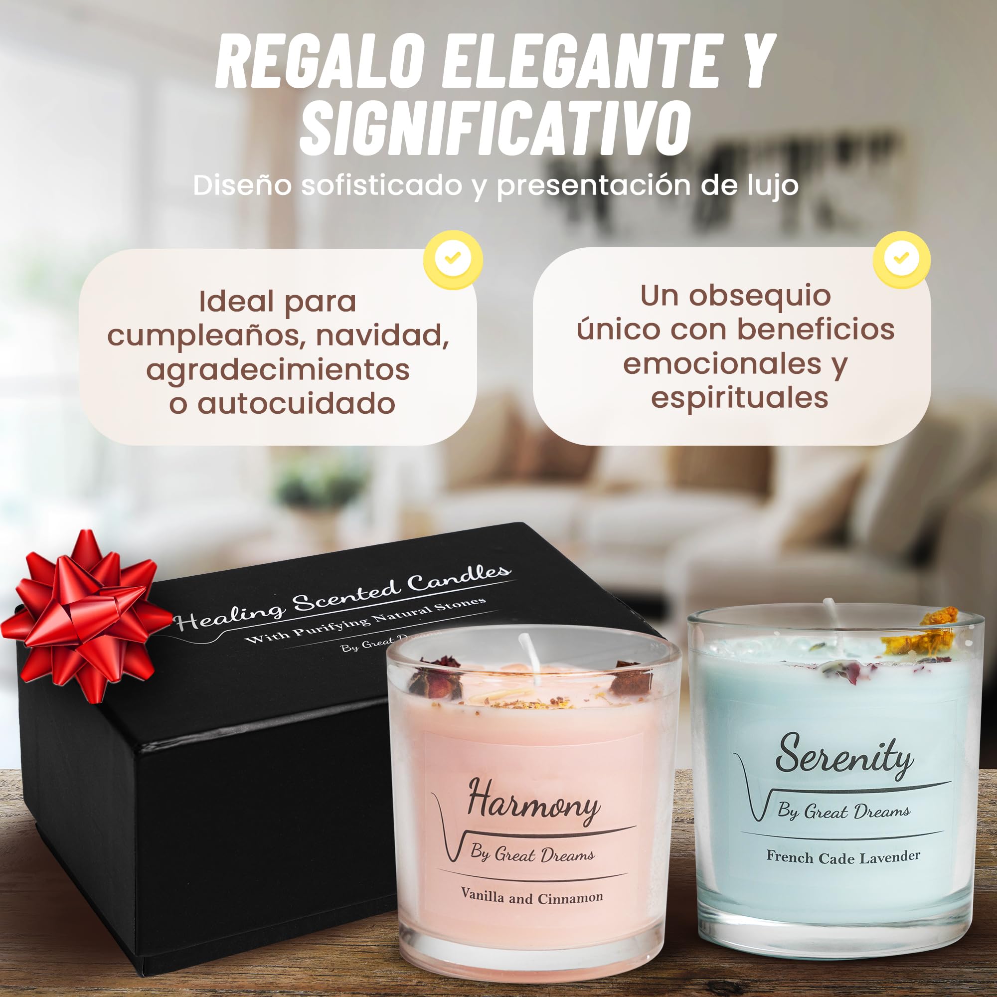 GreatDreams® Set Velas Aromáticas con Piedras Naturales - Velas Decorativas Sin Parafinas Hechas a Mano - Regalo Vela Perfumada para Mujer