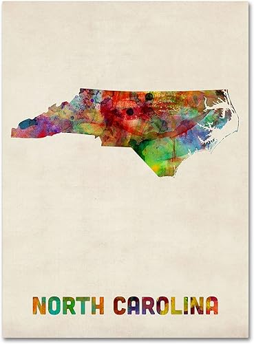 Trademark Fine Art Mapa de Carolina del Norte por Michael Tompsett - Lienzo decorativo para pared, 18 x 24 pulgadas