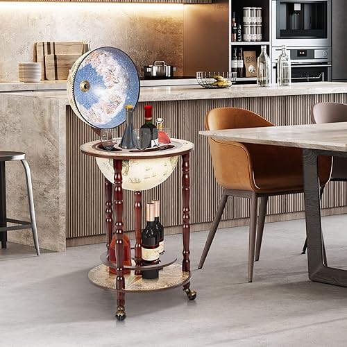 Miniatura 9 de Goplus Globo Bar, gabinete de licor con forma de globo de 17.5", con ruedas, estante inferior, mapa del mundo antiguo, réplica italiana del siglo